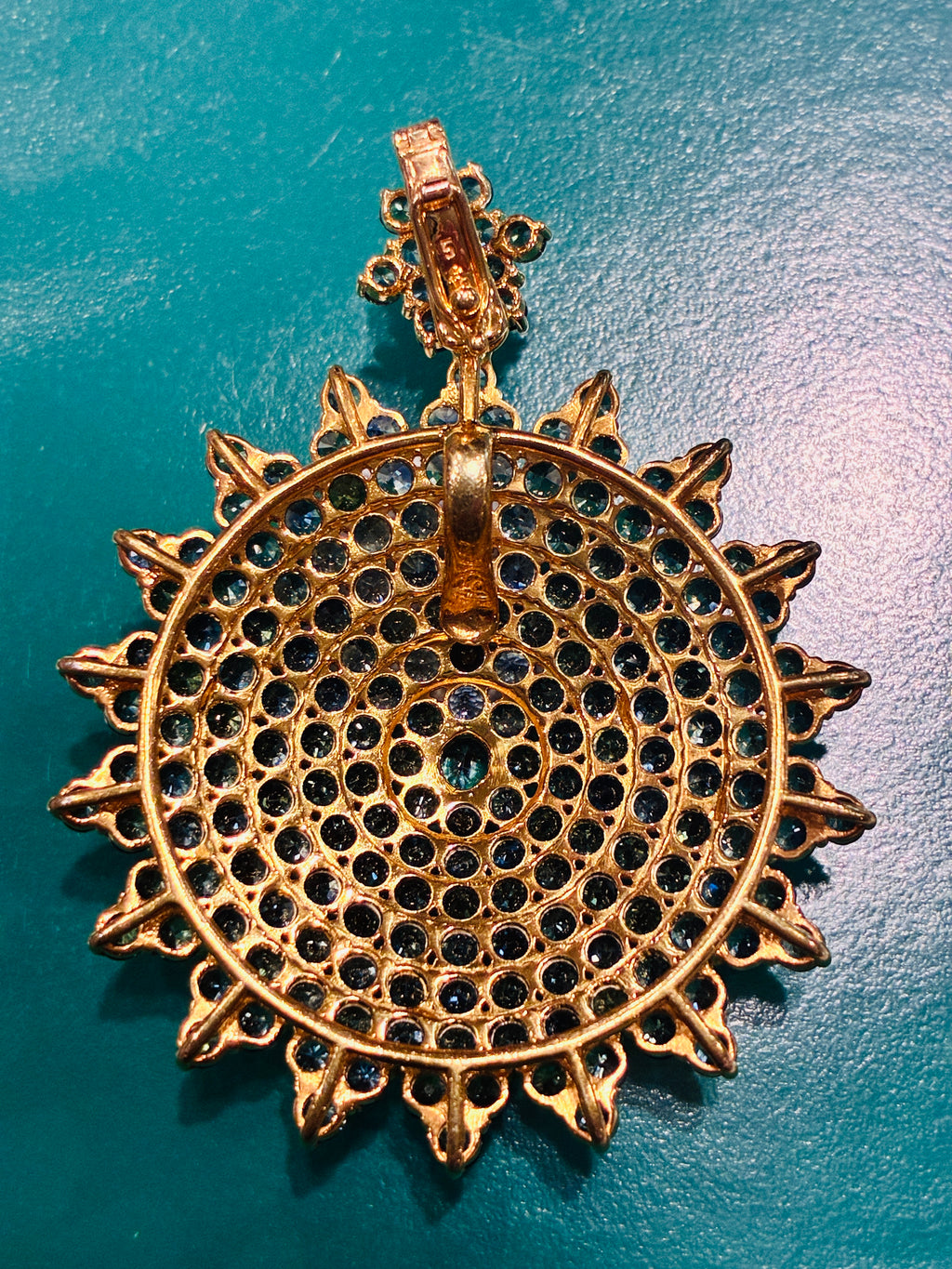 Brilliant Clarity Green/ Blue Sapphire Gold Plated Pendant Size 2"x2.5"