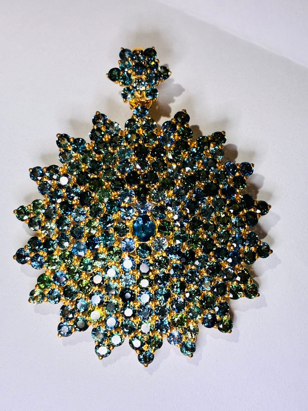 Brilliant Clarity Green/ Blue Sapphire Gold Plated Pendant Size 2"x2.5"