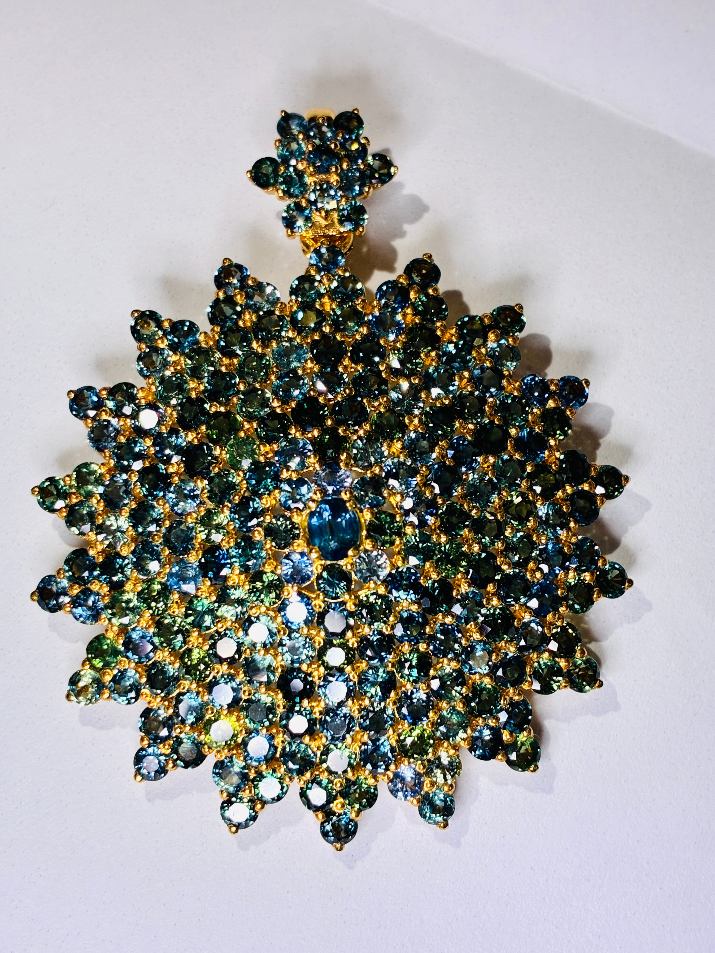 Brilliant Clarity Green/ Blue Sapphire Gold Plated Pendant Size 2"x2.5"