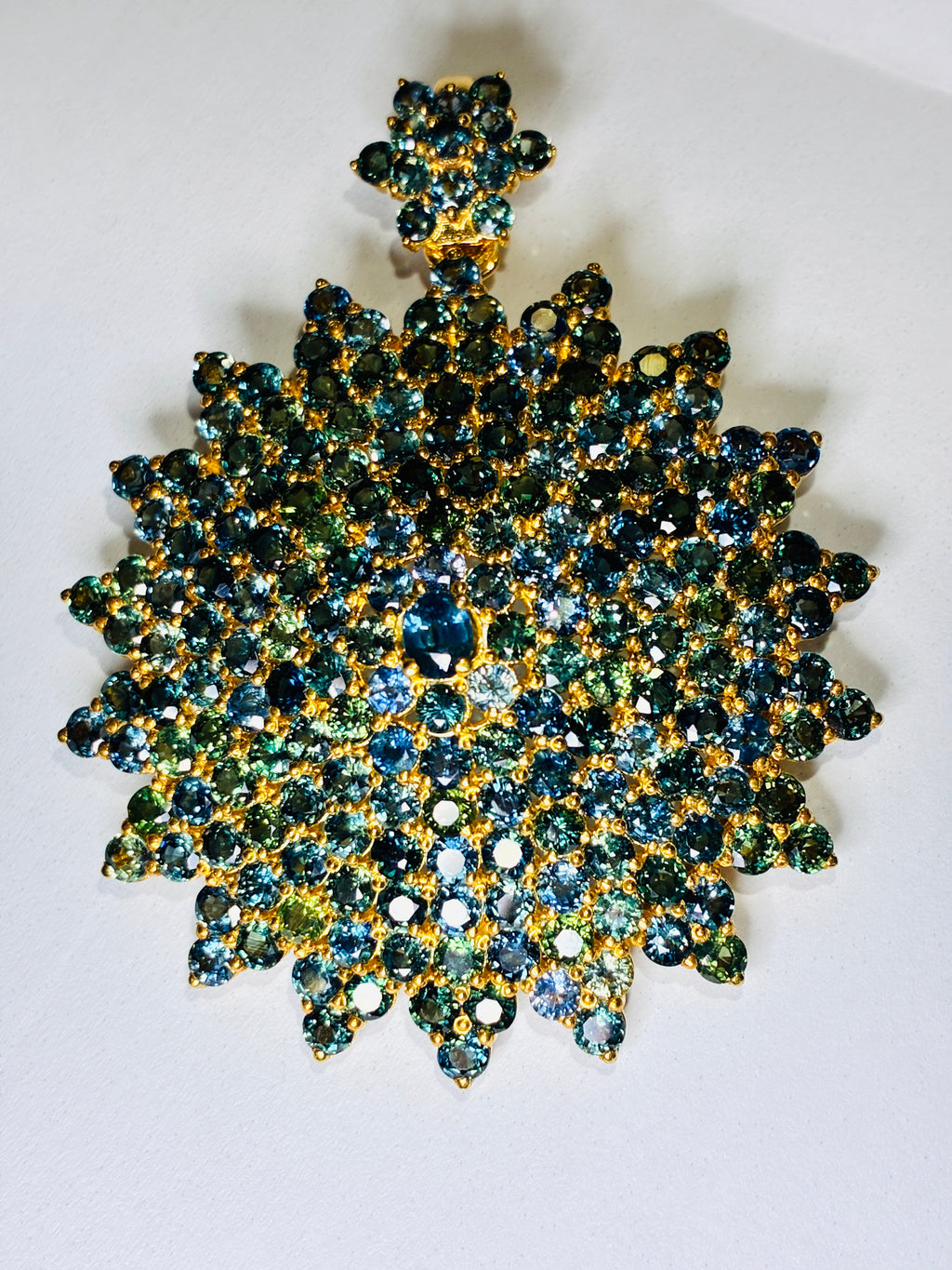 Brilliant Clarity Green/ Blue Sapphire Gold Plated Pendant Size 2"x2.5"