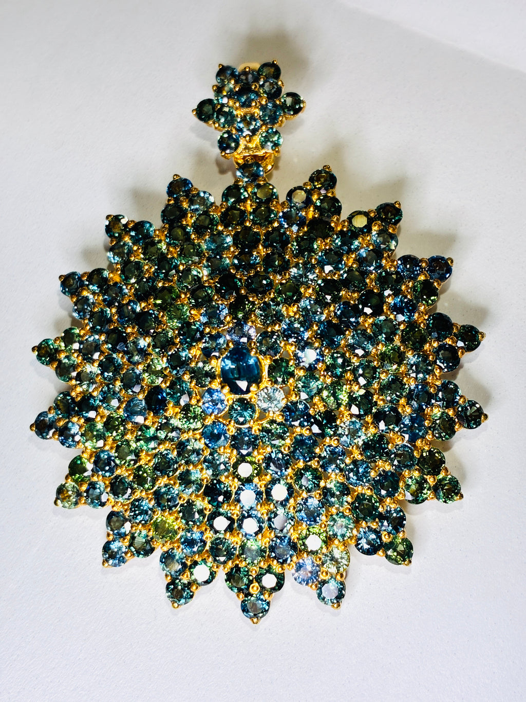 Brilliant Clarity Green/ Blue Sapphire Gold Plated Pendant Size 2"x2.5"