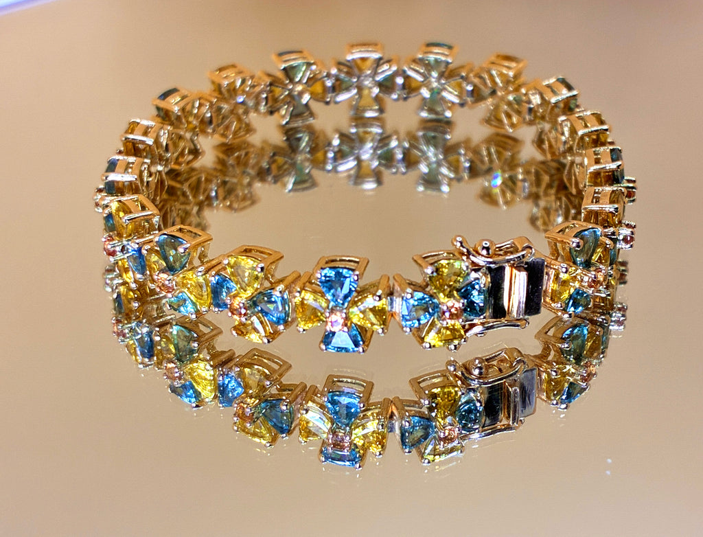 Green Sapphire And Yellow Sapphire Triangle Cut 12K Gold Bangle Bracelet Size 6"