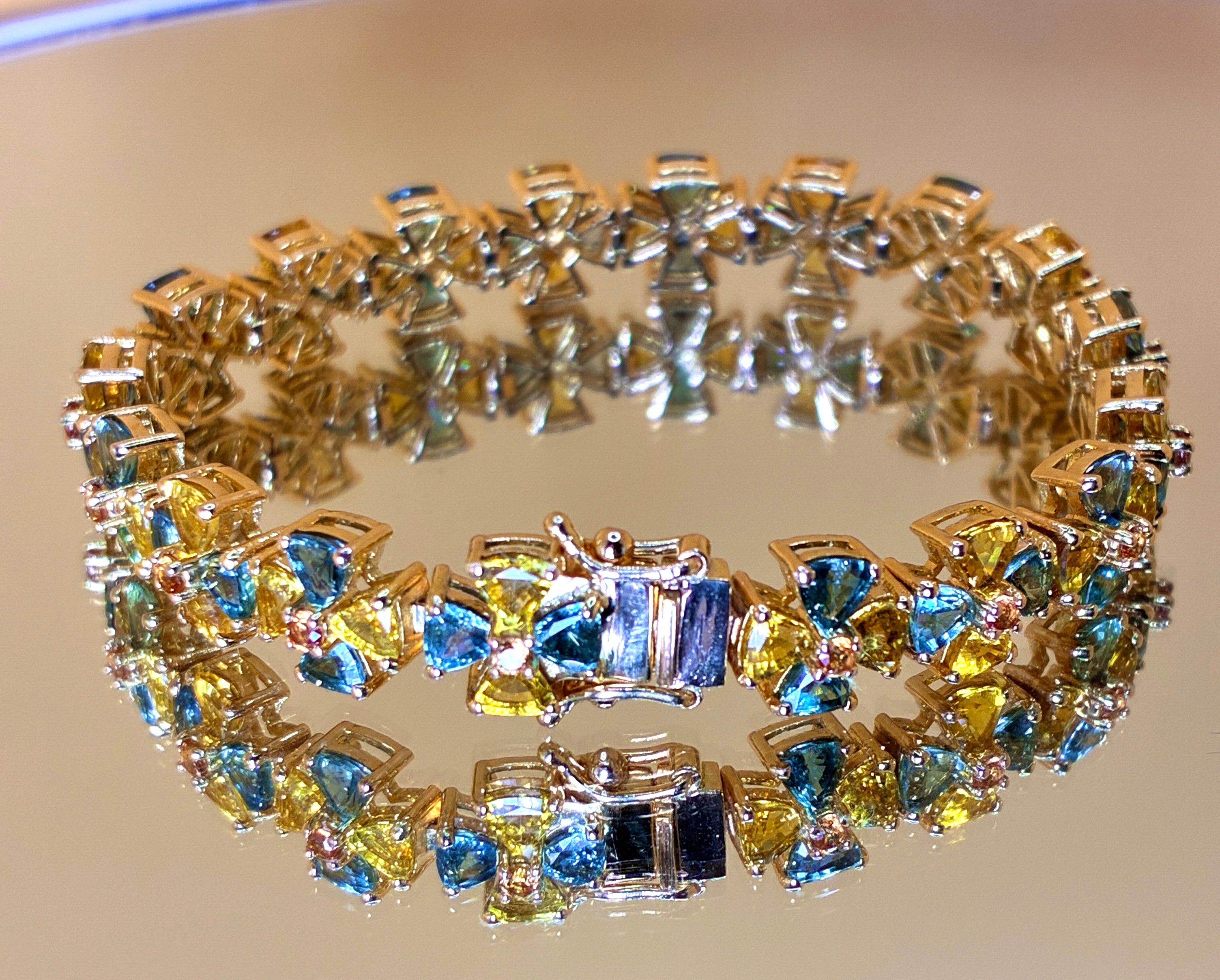Green Sapphire And Yellow Sapphire Triangle Cut 12K Gold Bangle Bracelet Size 6"
