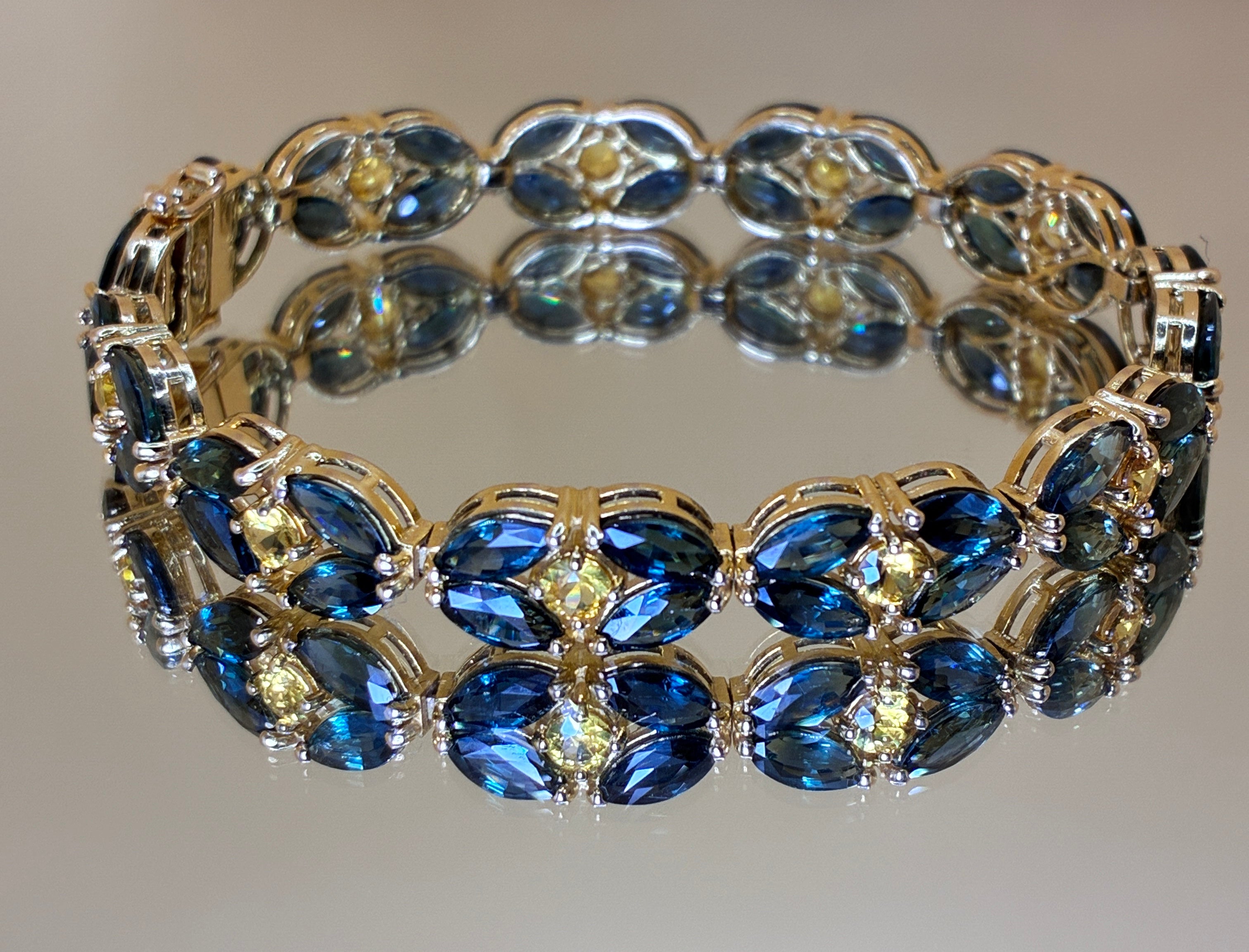 Blue/Green Sapphire And Yellow Sapphire Marquis Cut Bracelet 12K Gold Size 6