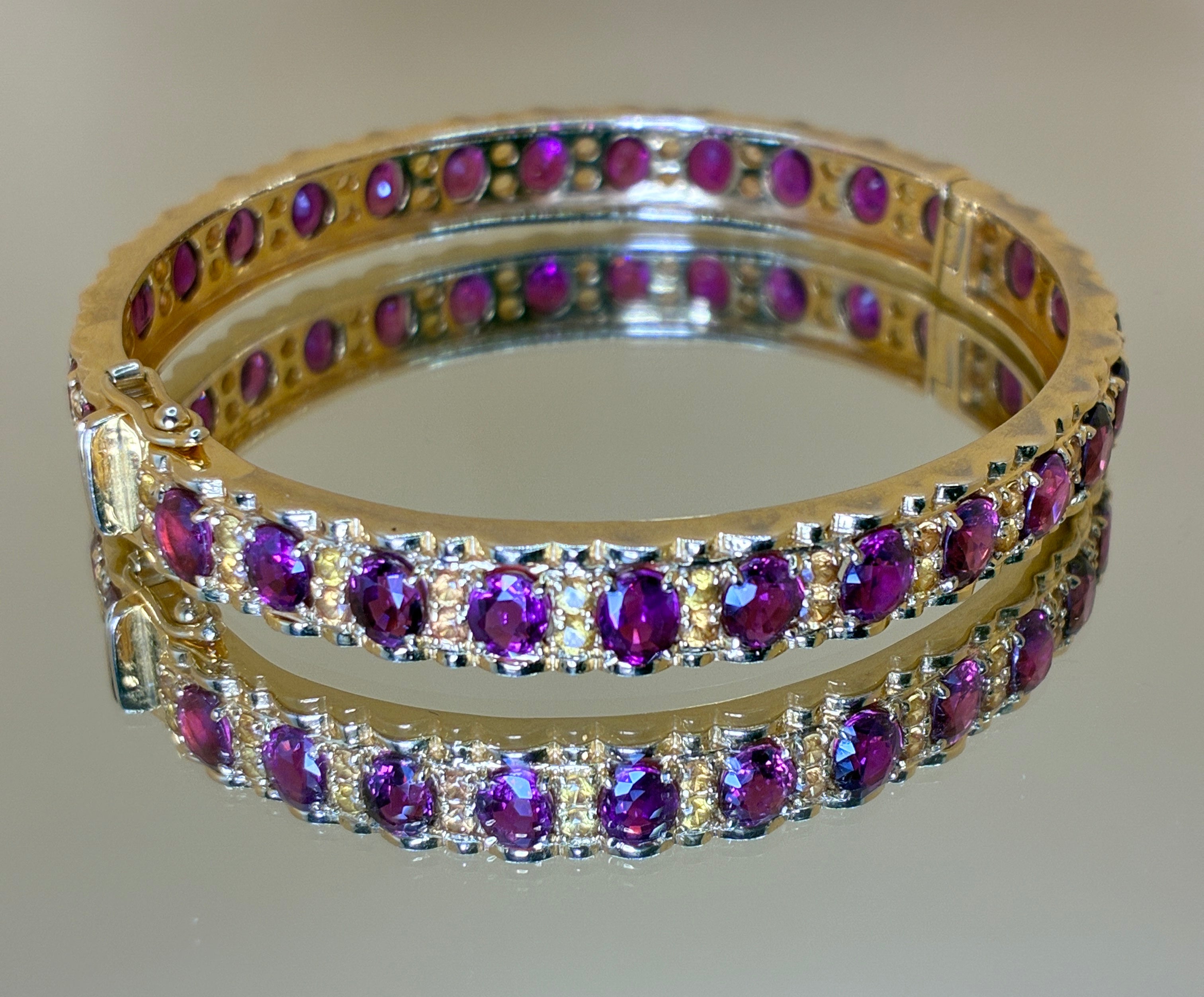 Brilliant Clarity Dark Purple Ruby Mix With Yellow Sapphire Bangle Bracelet 17K Gold Size 6" Oval Cut.