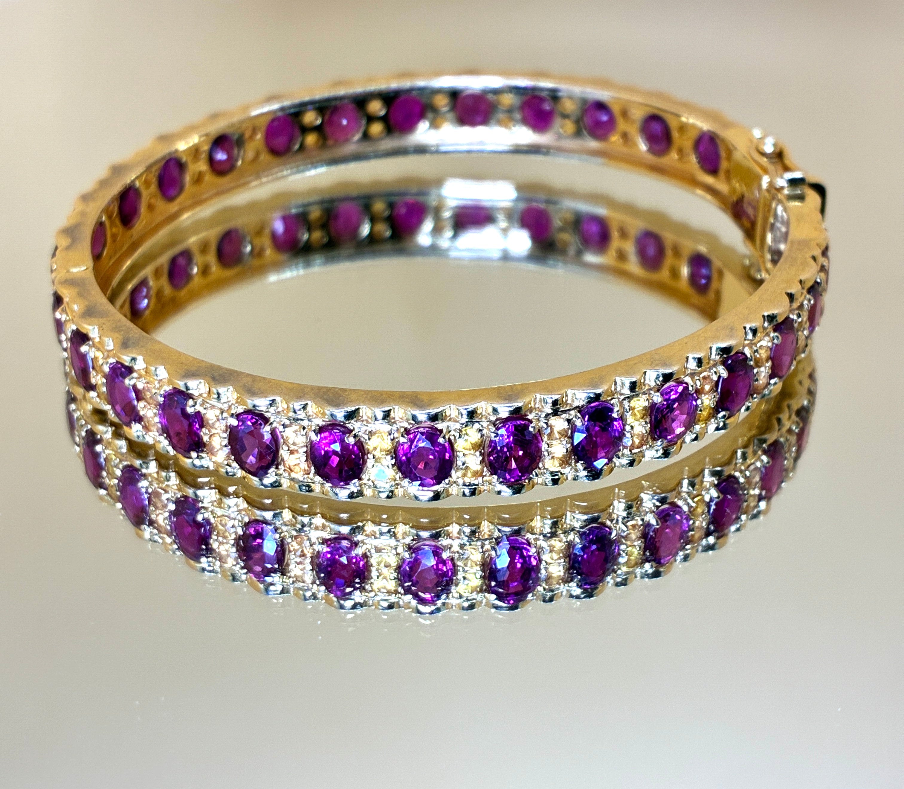 Brilliant Clarity Dark Purple Ruby Mix With Yellow Sapphire Bangle Bracelet 17K Gold Size 6" Oval Cut.