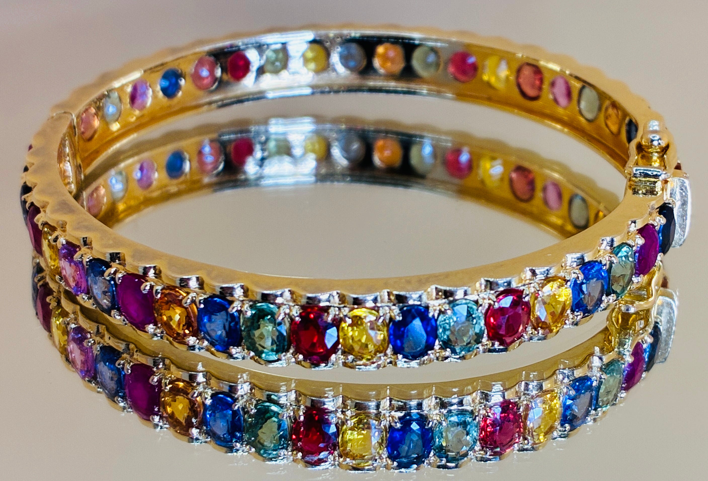 Brilliant Clarity Multi Color Sapphire Bangle Bracelet 17K Gold Size 6"5.