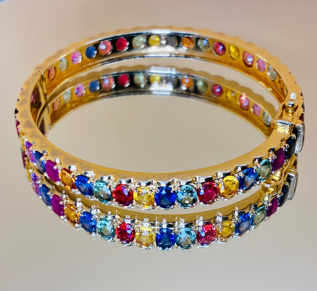 Brilliant Clarity Multi Color Sapphire Bangle Bracelet 17K Gold Size 6"5.