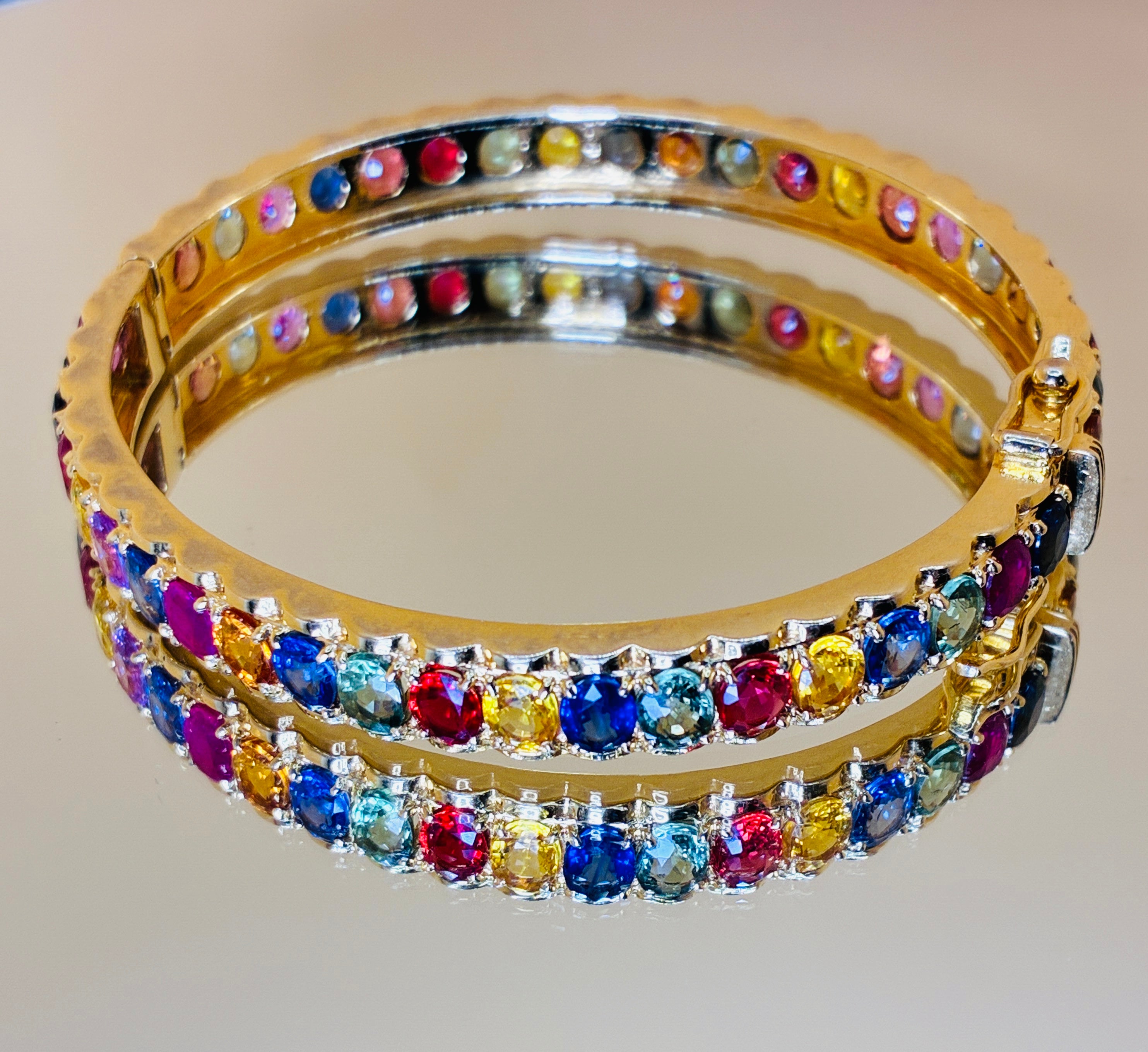 Brilliant Clarity Multi Color Sapphire Bangle Bracelet 17K Gold Size 6"5.