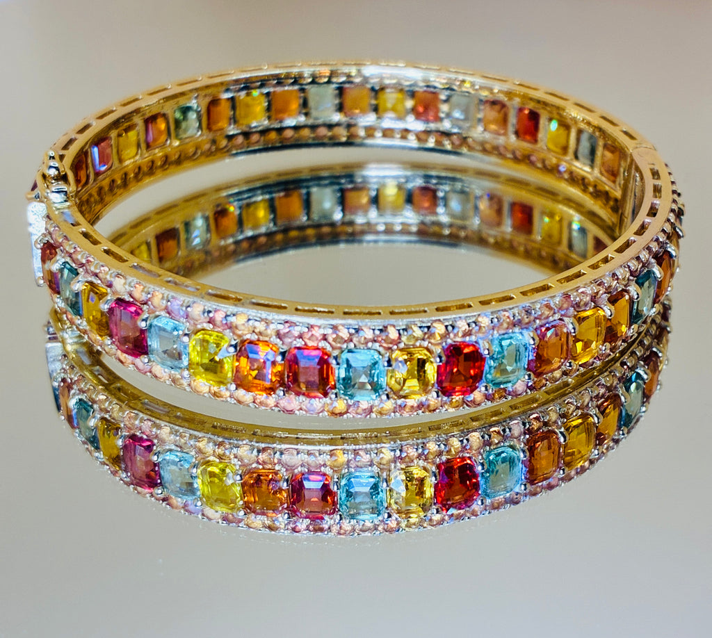 Green And Yellow Sapphire Emerald Cut 12K Gold Bangle Bracelet Size 6.5"