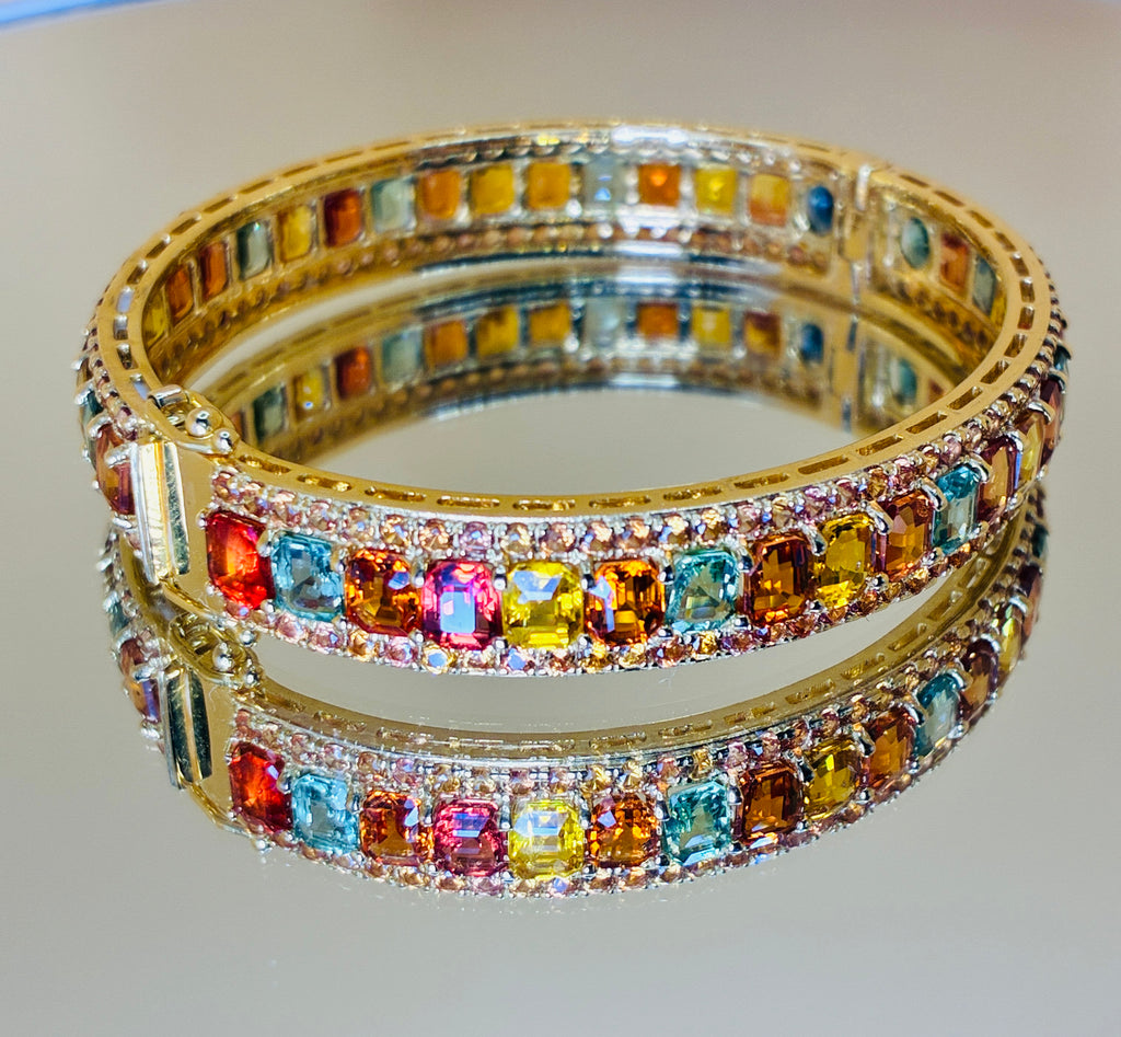 Green And Yellow Sapphire Emerald Cut 12K Gold Bangle Bracelet Size 6.5"