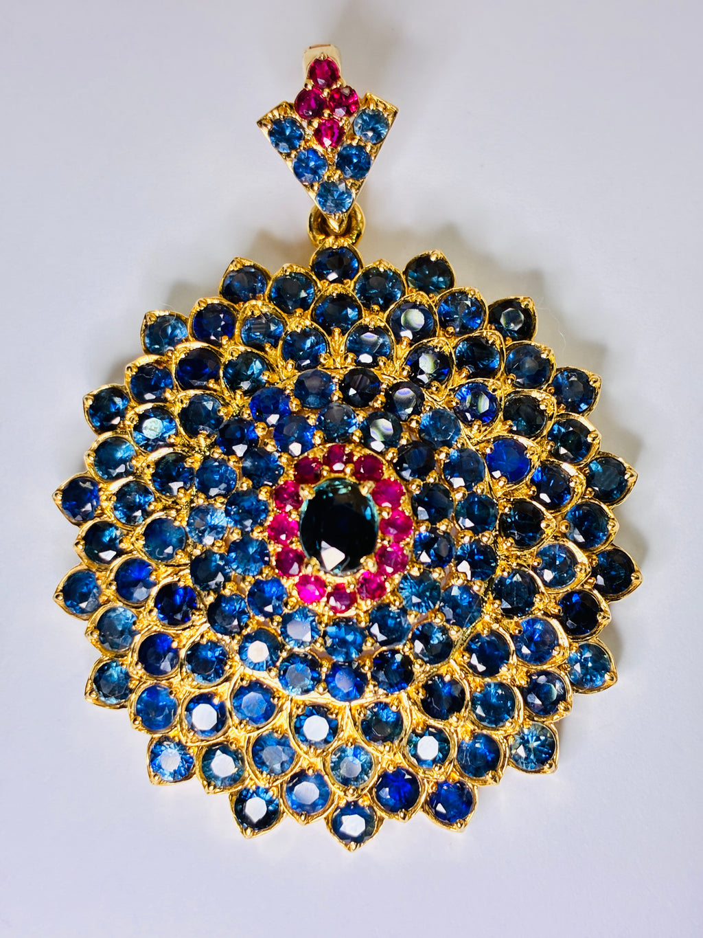 Blue Sapphire Mix With Ruby 18K Gold Pendant Size 1.3/4"x2.1/4"
