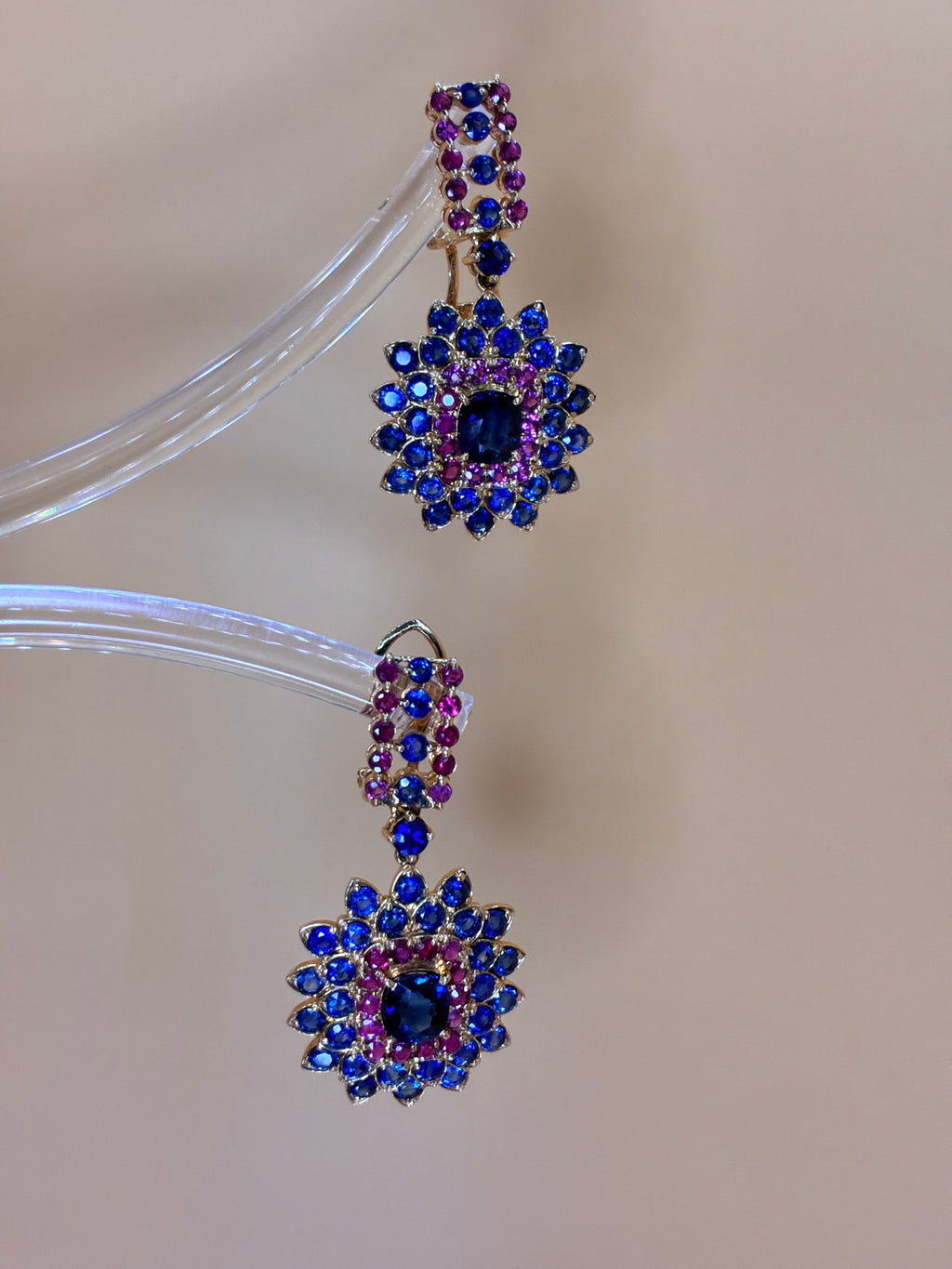 Blue Sapphire Mix With Ruby 18K Gold Drop Earring 1.5"x .3/4"