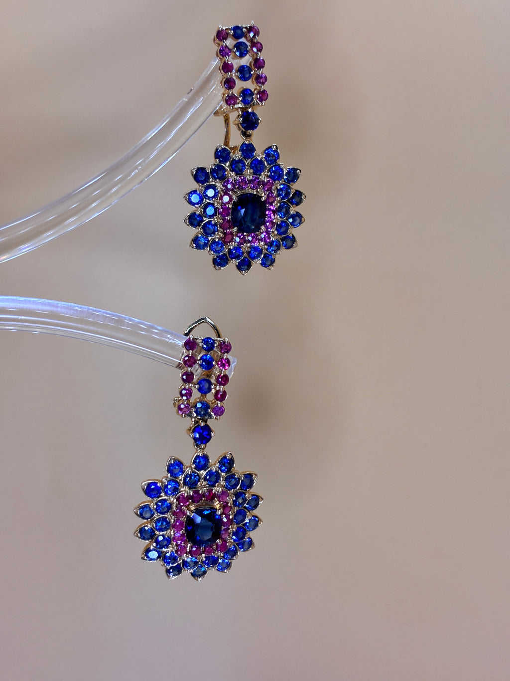 Blue Sapphire Mix With Ruby 18K Gold Drop Earring 1.5"x .3/4"