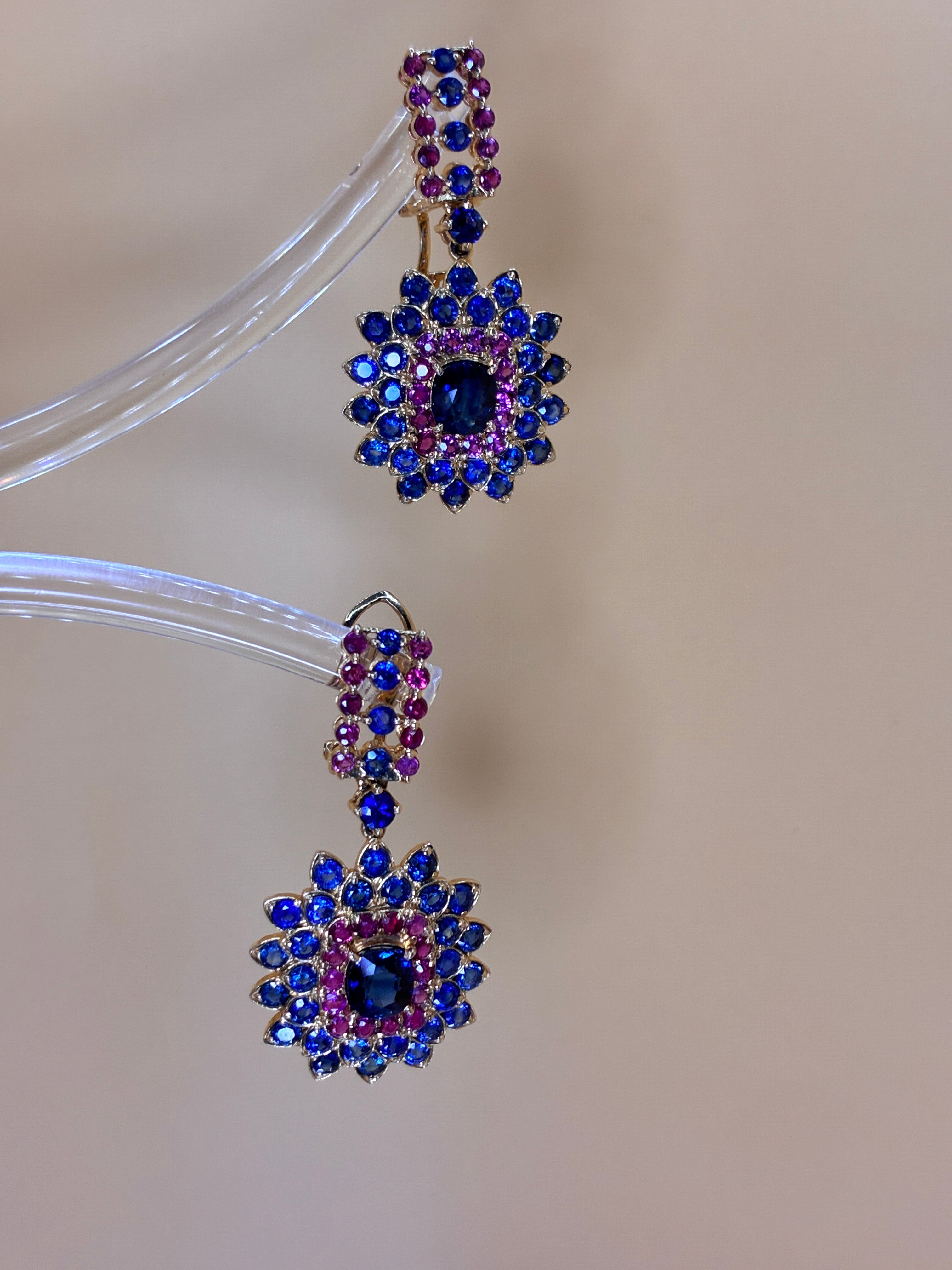 Blue Sapphire Mix With Ruby 18K Gold Drop Earring 1.5"x .3/4"