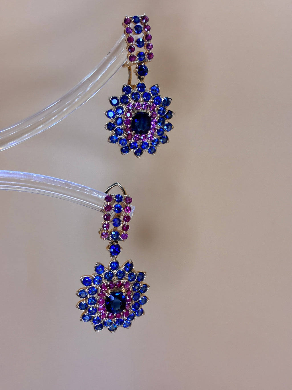 Blue Sapphire Mix With Ruby 18K Gold Drop Earring 1.5"x .3/4"