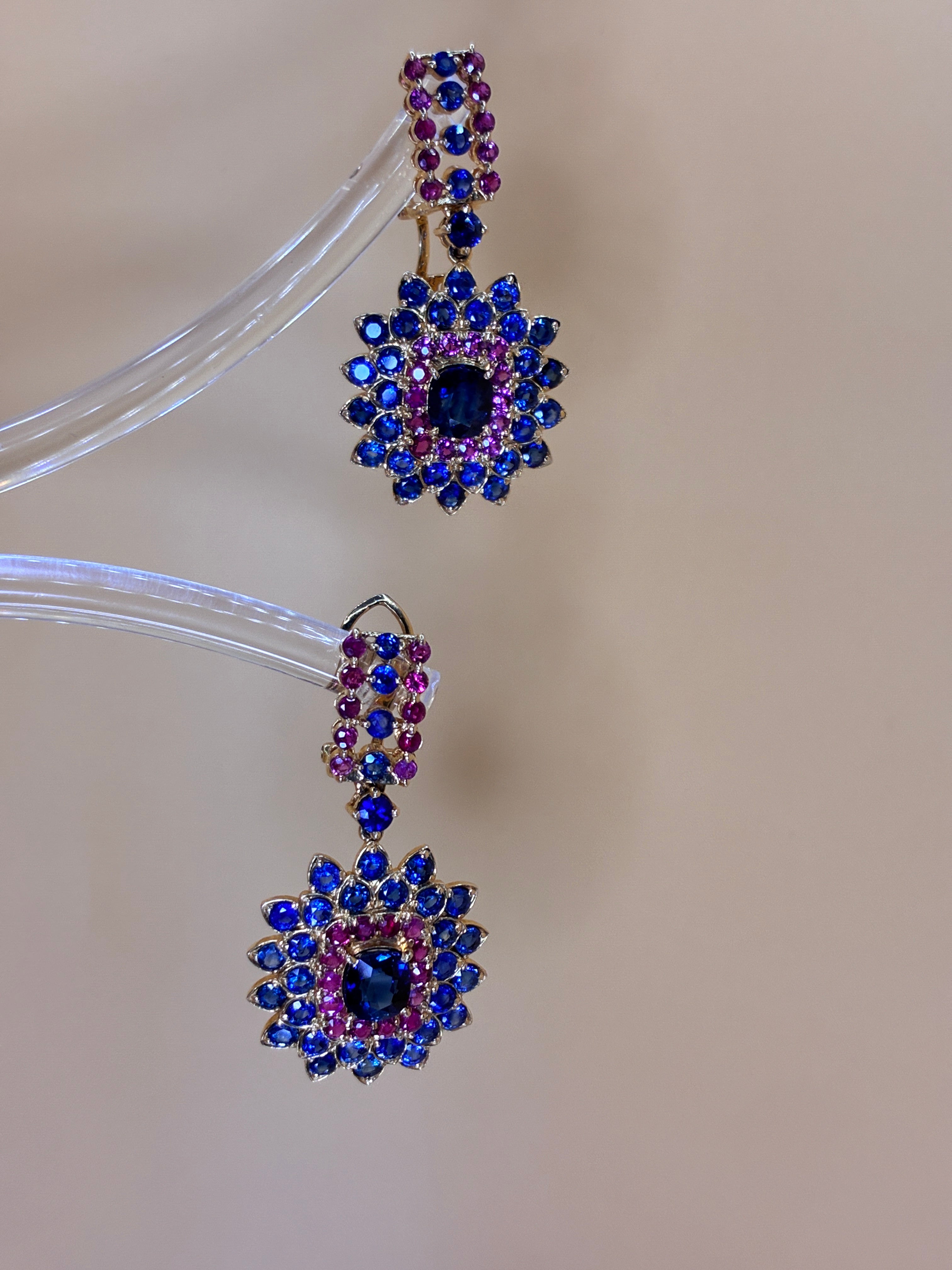 Blue Sapphire Mix With Ruby 18K Gold Drop Earring 1.5"x .3/4"