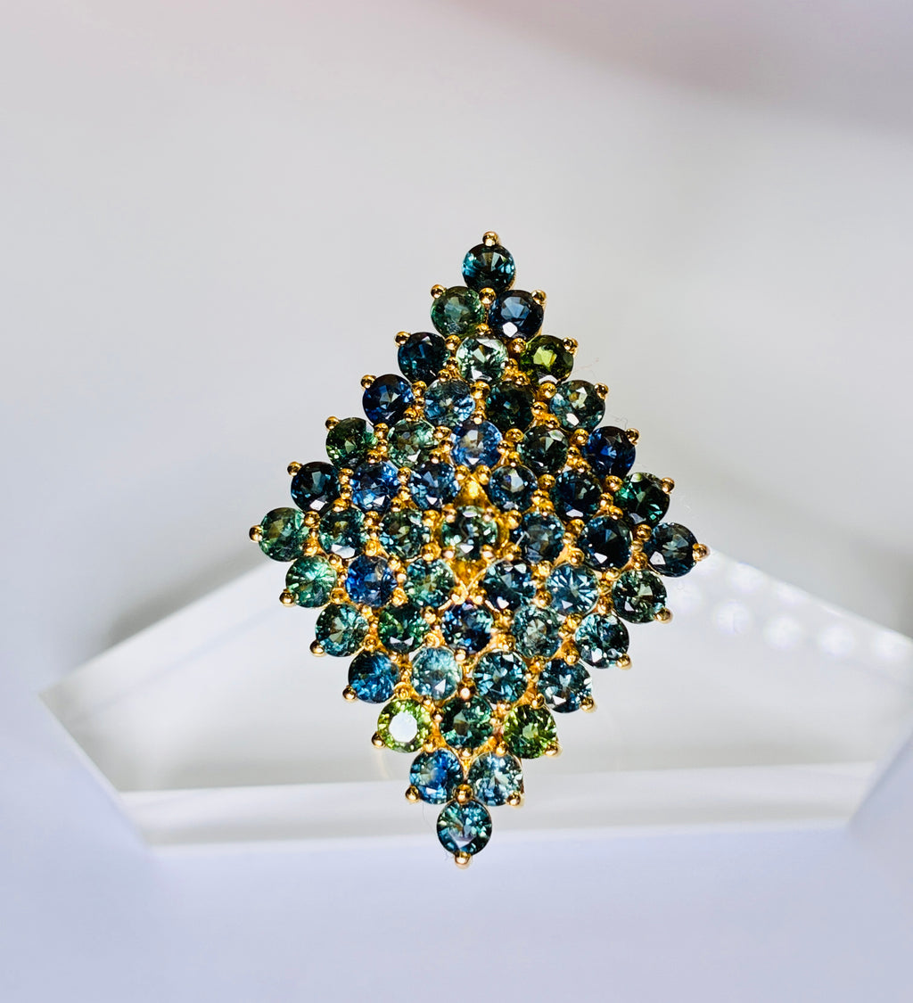 Green / Blue Sapphire Round Cut 12K Gold Ring Size 7