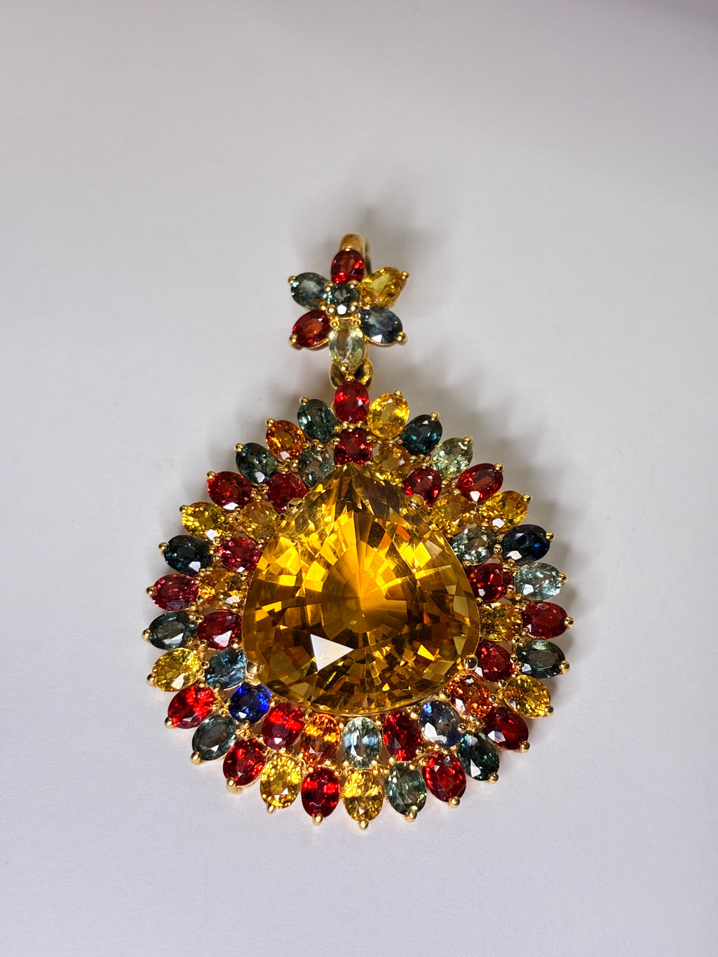 27.30 CT Citrine Mix With Multi Color Sapphire Pendant 2"x1.5" 12K Gold.