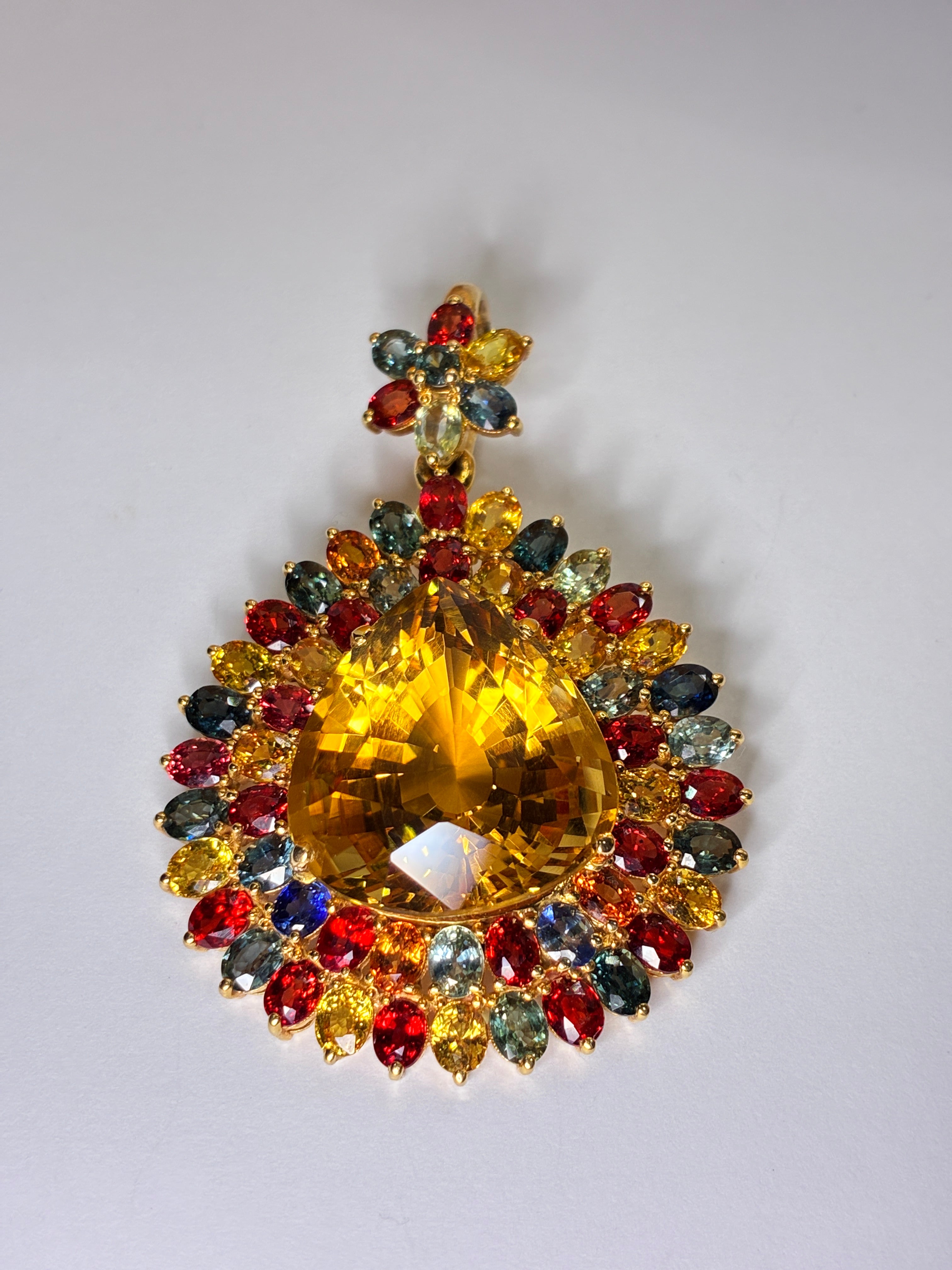 27.30 CT Citrine Mix With Multi Color Sapphire Pendant 2"x1.5" 12K Gold.