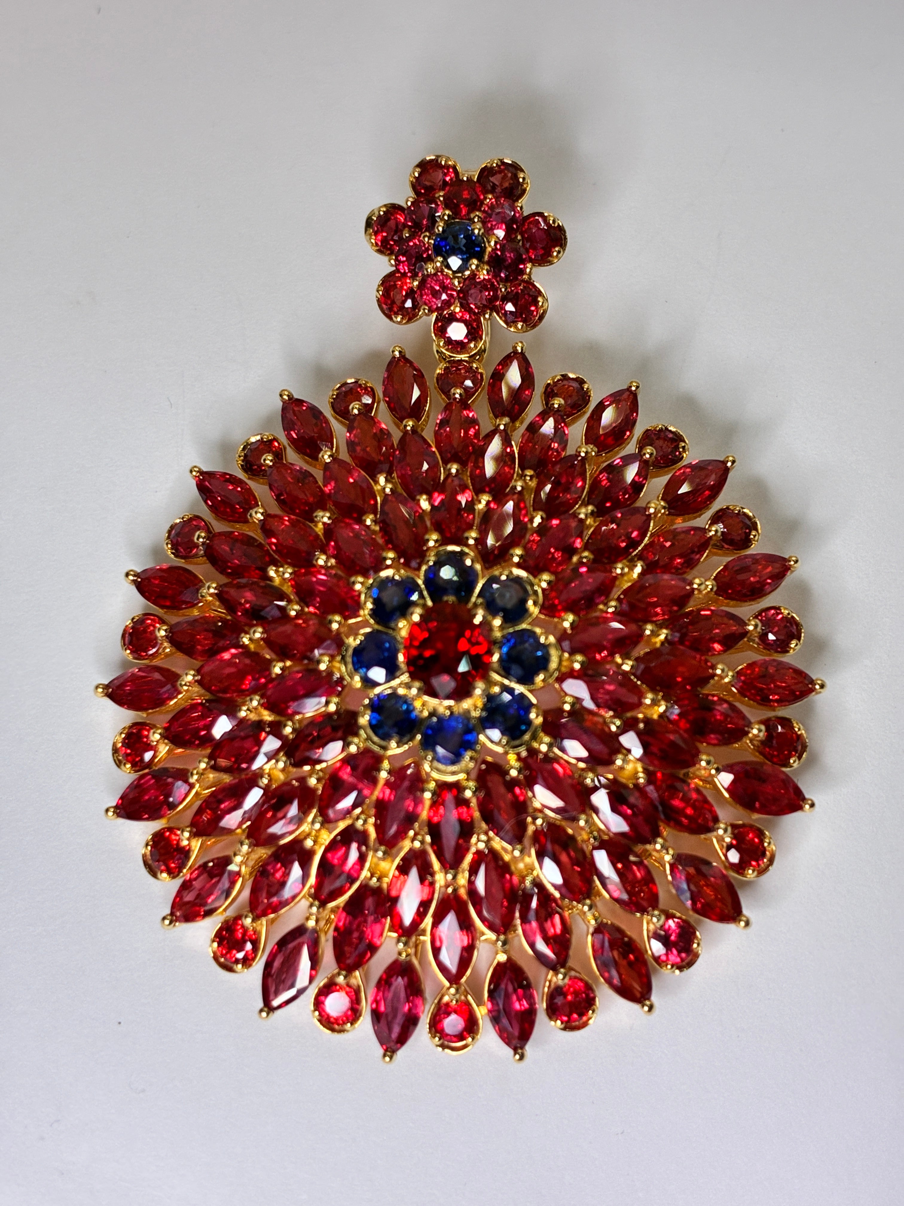 Ruby Mix With Blue Sapphire 18K Gold Pendant Size 2"x2.5"