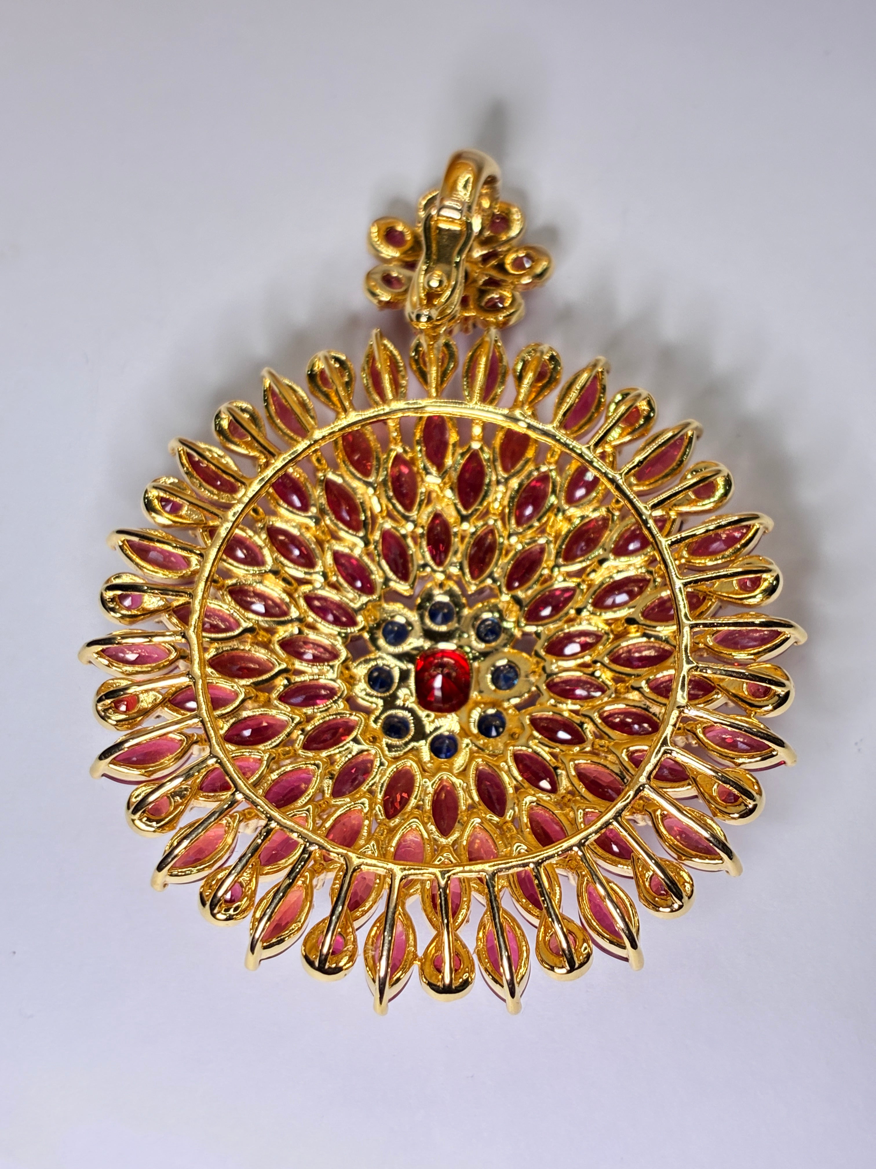 Ruby Mix With Blue Sapphire 18K Gold Pendant Size 2"x2.5"