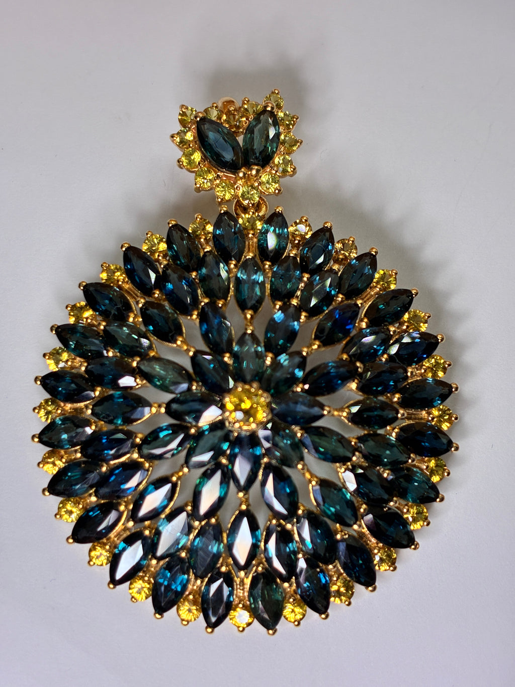 Green Sapphire Mix With Yellow Sapphire 12K Gold Pendant Size 2"x2.5"