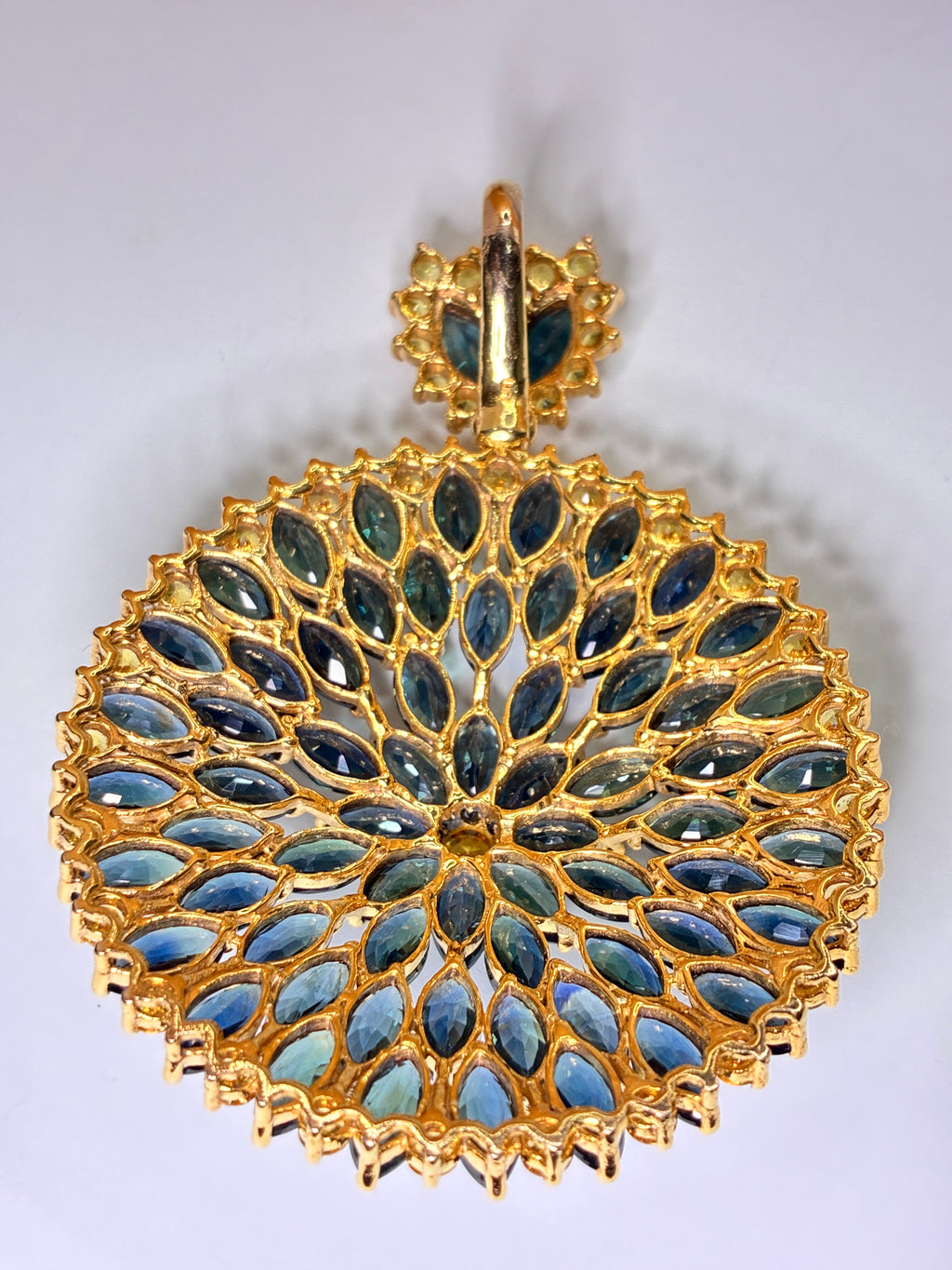 Green Sapphire Mix With Yellow Sapphire 12K Gold Pendant Size 2"x2.5"