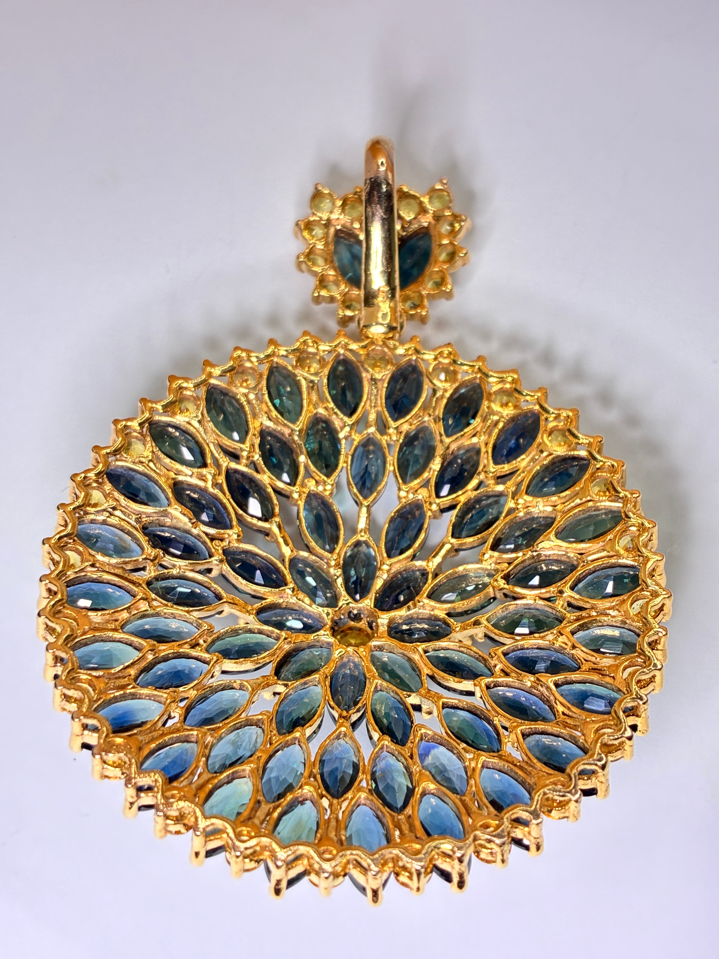 Green Sapphire Mix With Yellow Sapphire 12K Gold Pendant Size 2"x2.5"