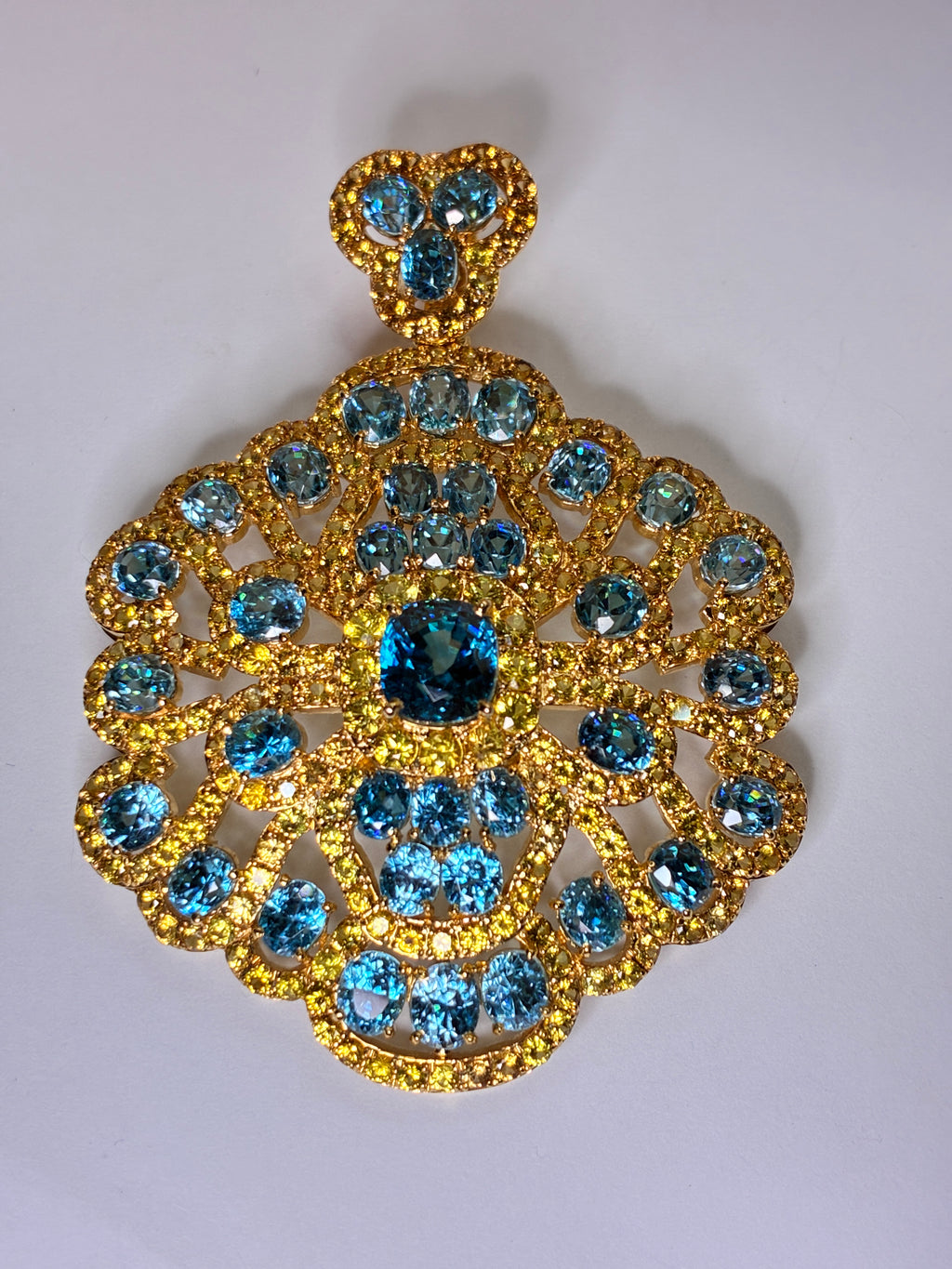 Cambodia Blue Zircon Heated Treat Mix with Yellow 12K Gold Pendant Size 1.3/4"x2.5"