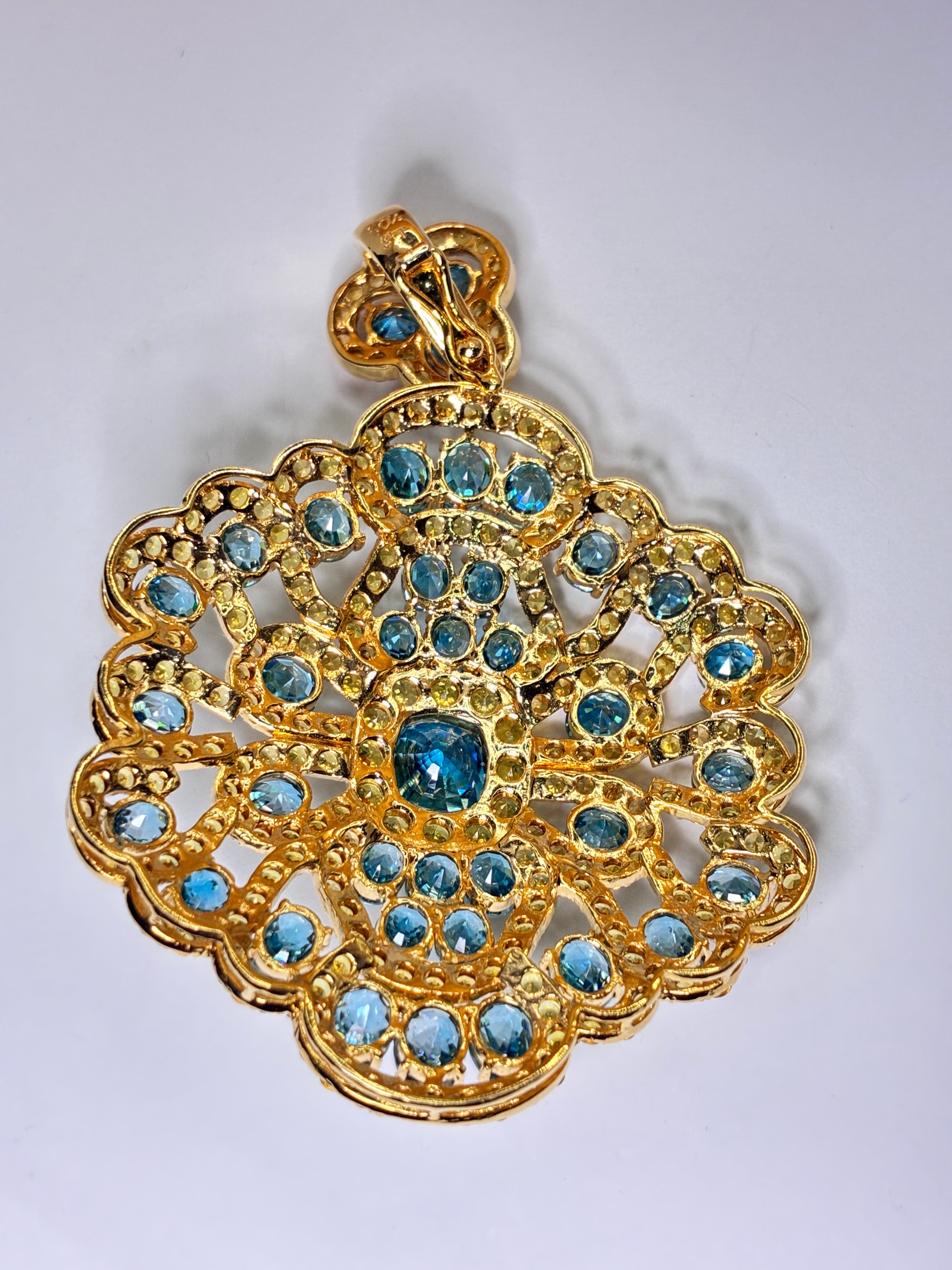 Cambodia Blue Zircon Heated Treat Mix with Yellow 12K Gold Pendant Size 1.3/4"x2.5"