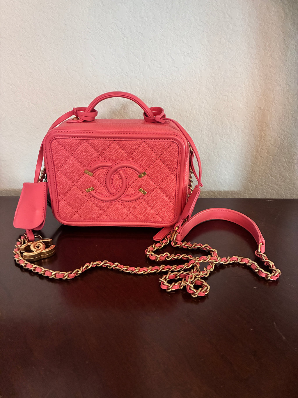 Chanel Canviar Quilted CC Filigree Vanity Case Coral Come With COA Certificate