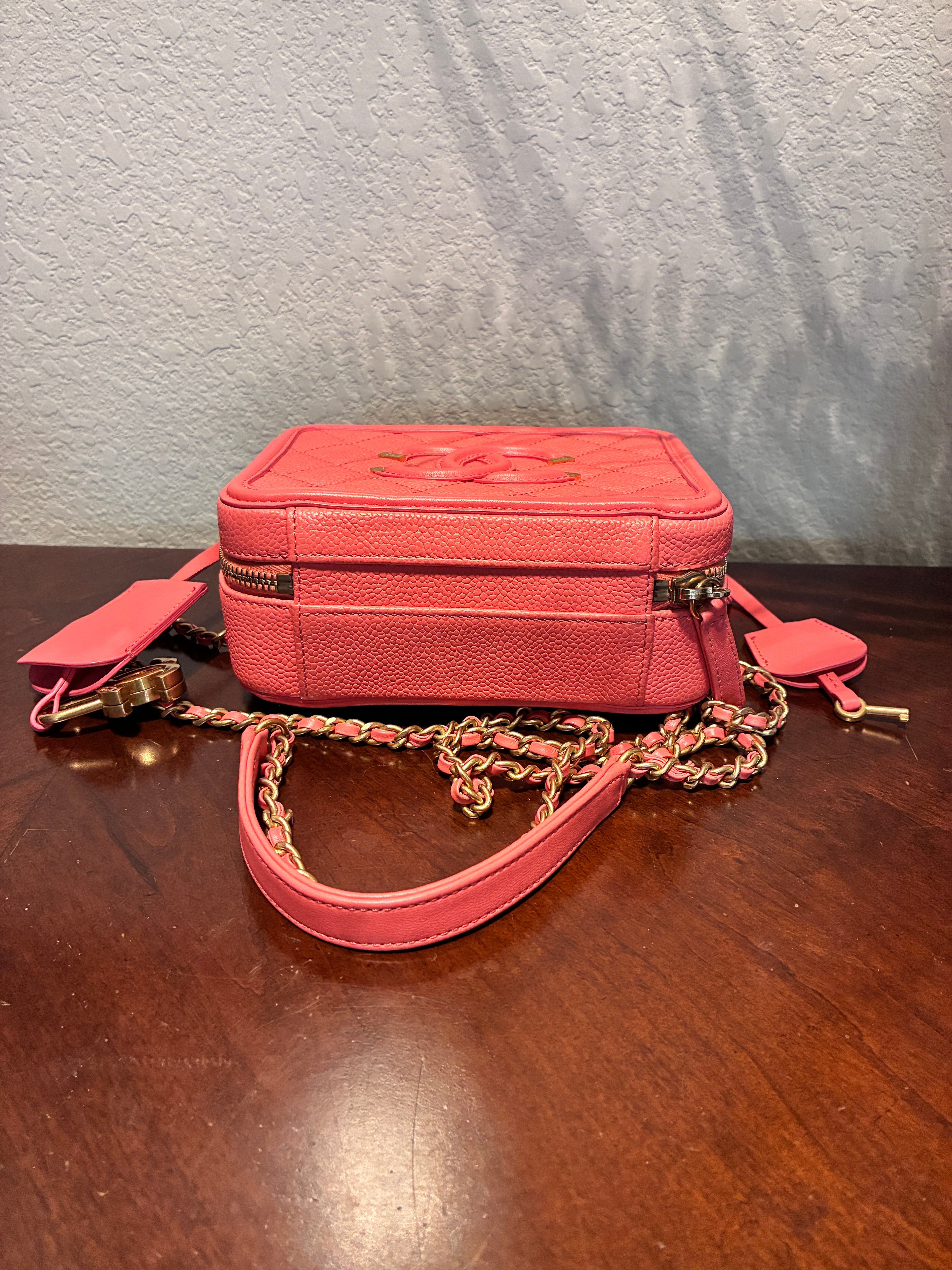 Chanel Canviar Quilted CC Filigree Vanity Case Coral Come With COA Certificate