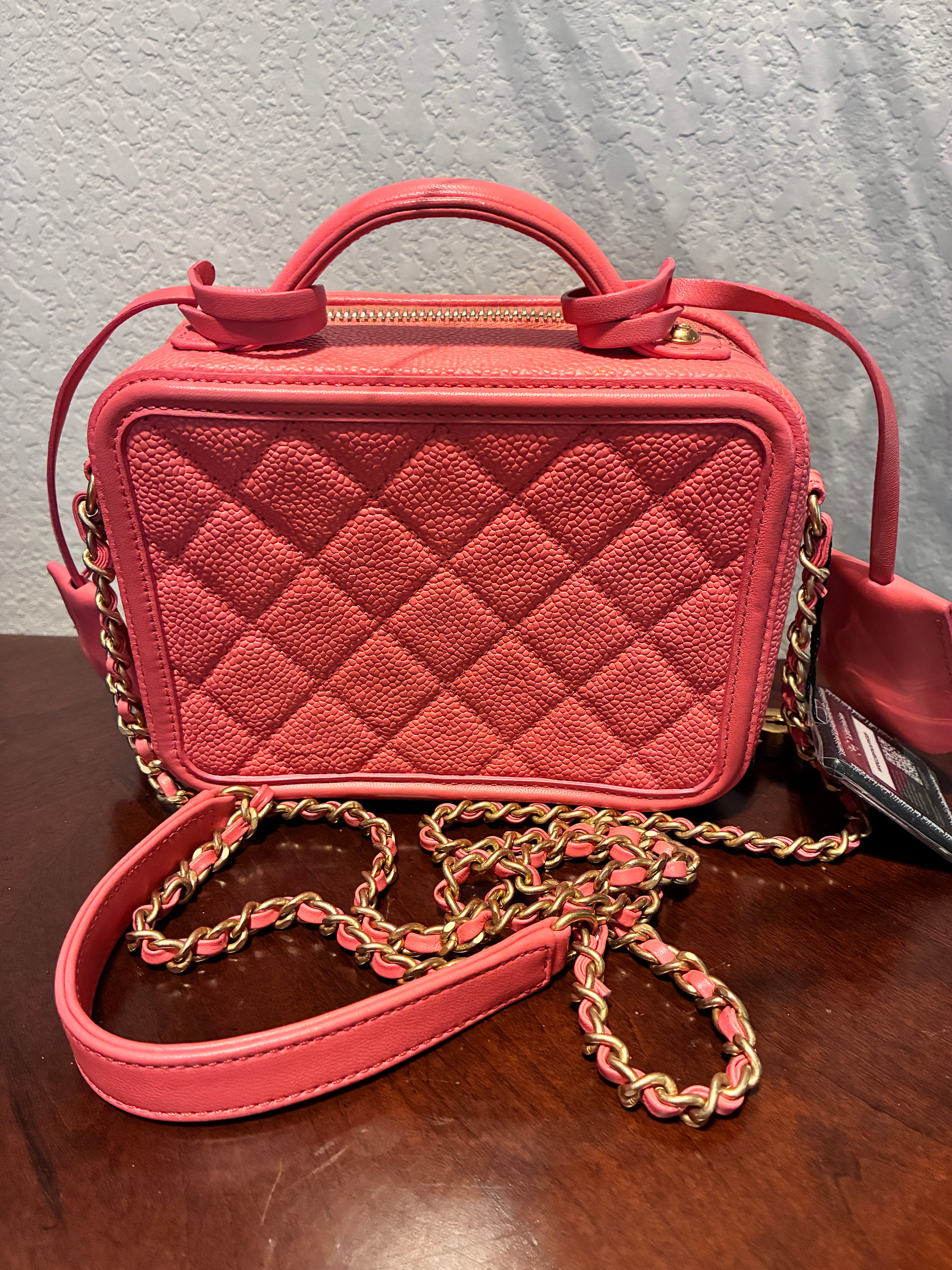Chanel Canviar Quilted CC Filigree Vanity Case Coral Come With COA Certificate