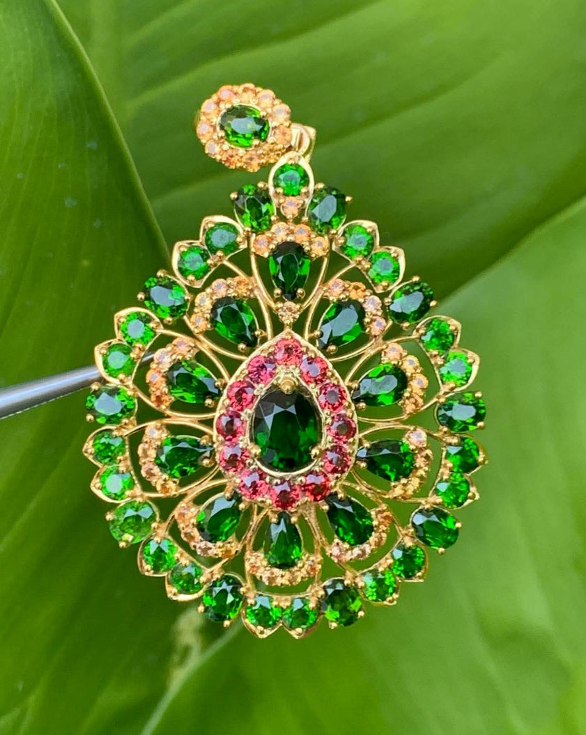 Green Garnet, Yellow Sapphire And Ruby With 12K Gold Pendant.