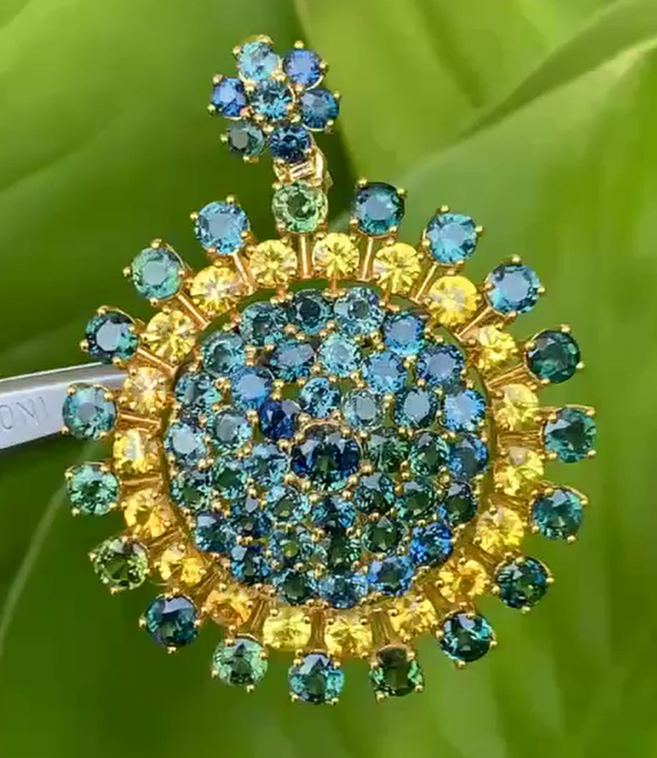 Green Sapphire With Yellow Sapphire 12K Gold. Pendant Size 1.3/4"