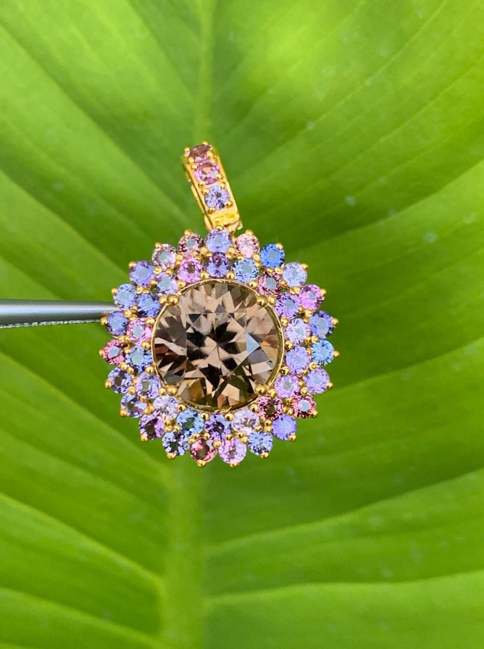 Cambodia Zircon Unheated Treated With Multi Color Sapphire 12K Gold Pendant.Center Stone 9 CT.
