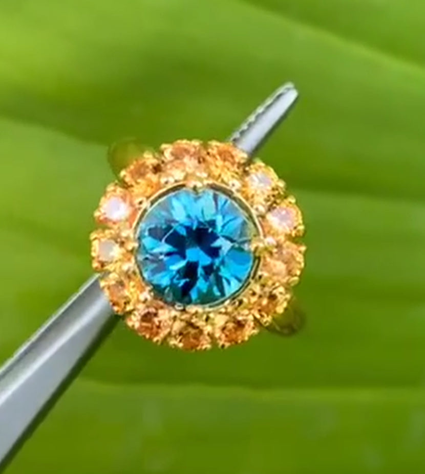 Cambodia Blue Zircon Heated Treated 7.4 mm 3.55 CT / Yellow Sapphire 12K Gold Ring.