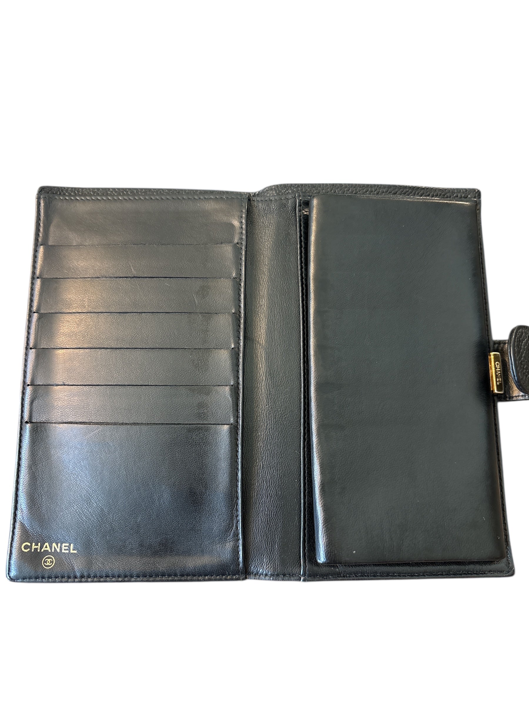 Chanel Black Caviar CC Timeless Long Wallet.