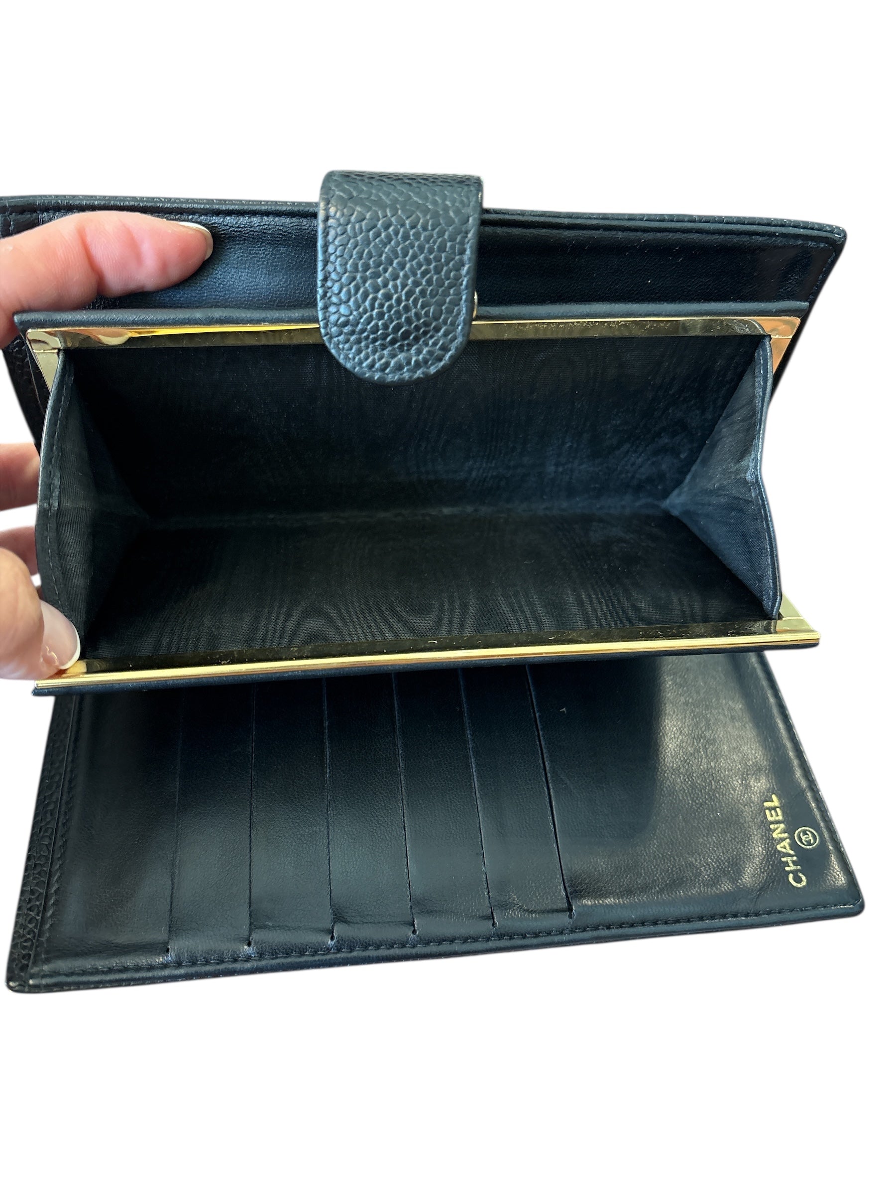 Chanel Black Caviar CC Timeless Long Wallet.