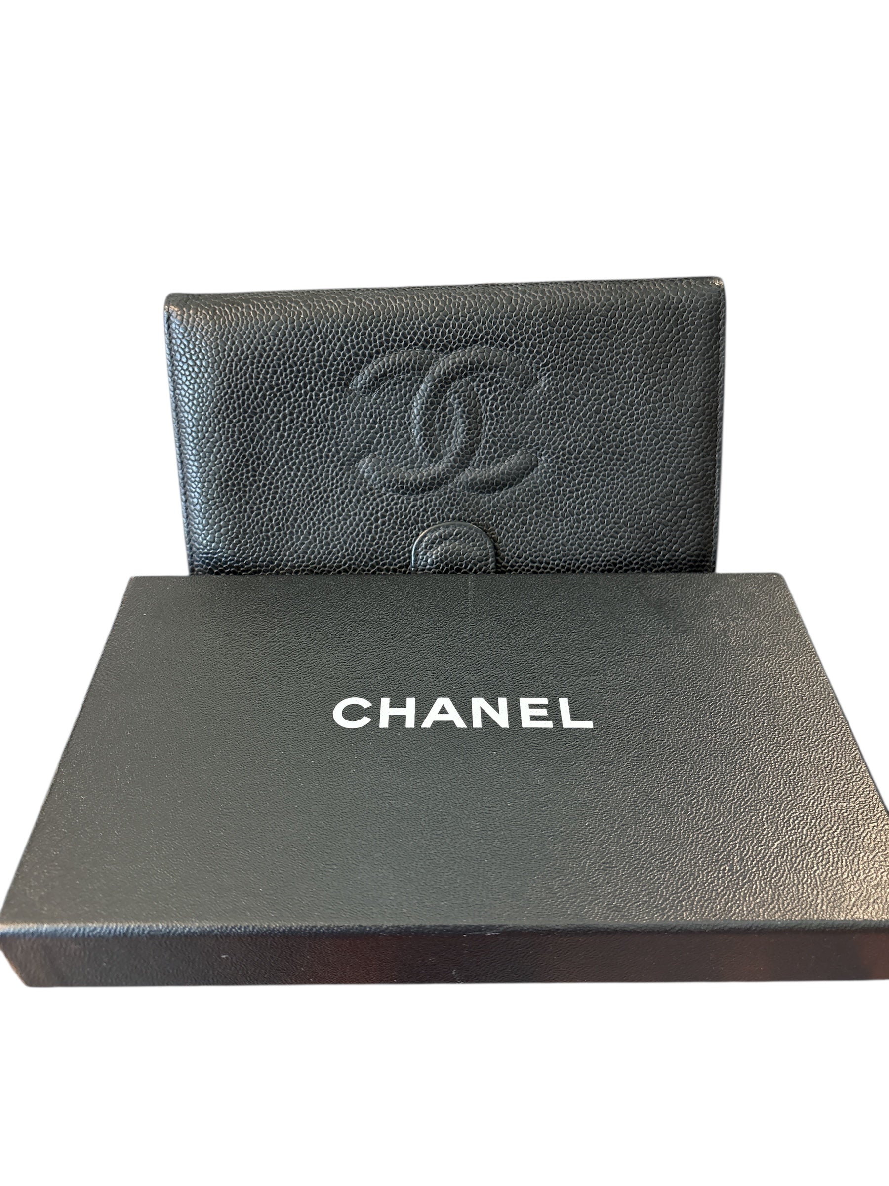 Chanel Black Caviar CC Timeless Long Wallet.