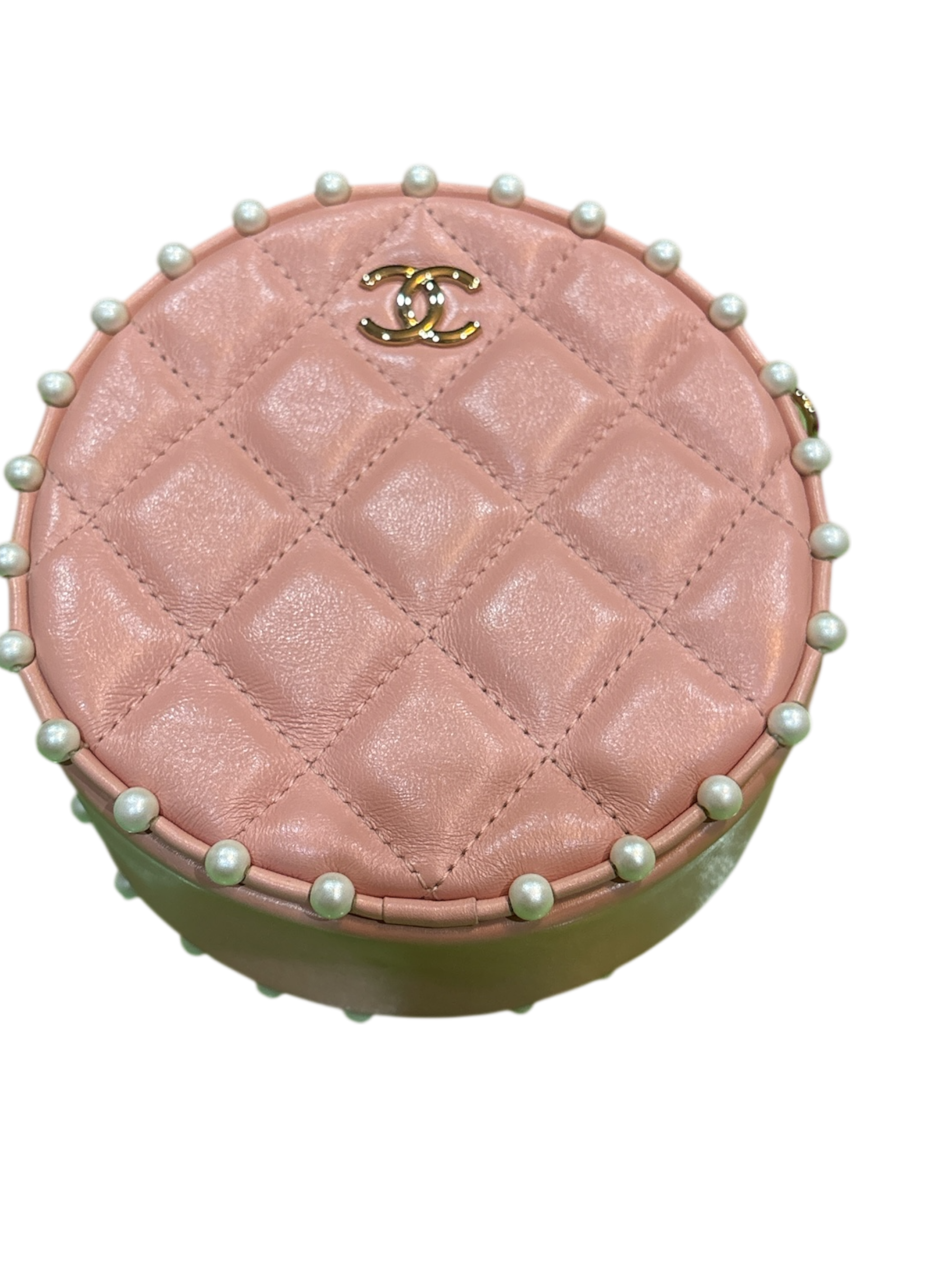 CHANEL Pink Calfskin round Chain Pearl Bag.