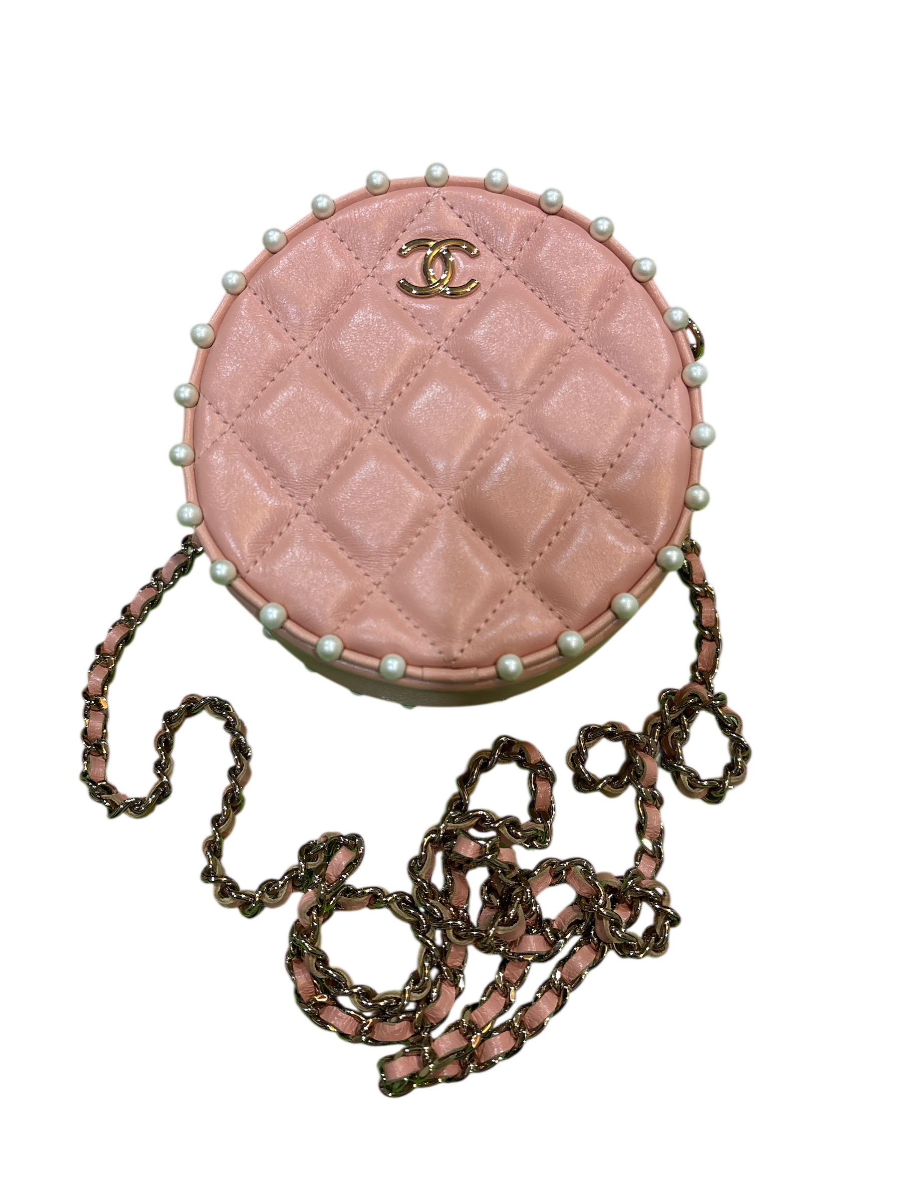 CHANEL Pink Calfskin round Chain Pearl Bag.
