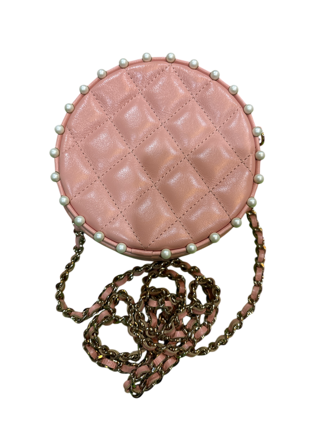 CHANEL Pink Calfskin round Chain Pearl Bag.