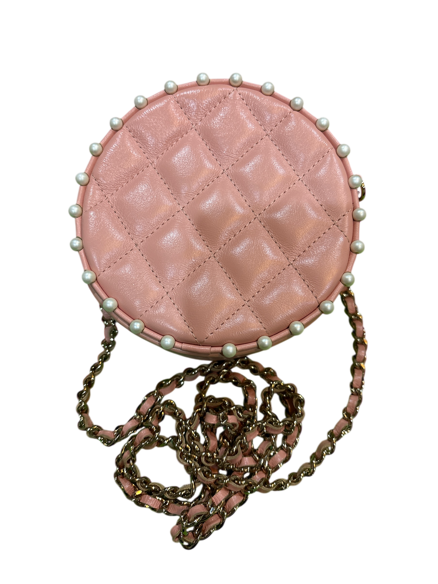 CHANEL Pink Calfskin round Chain Pearl Bag.