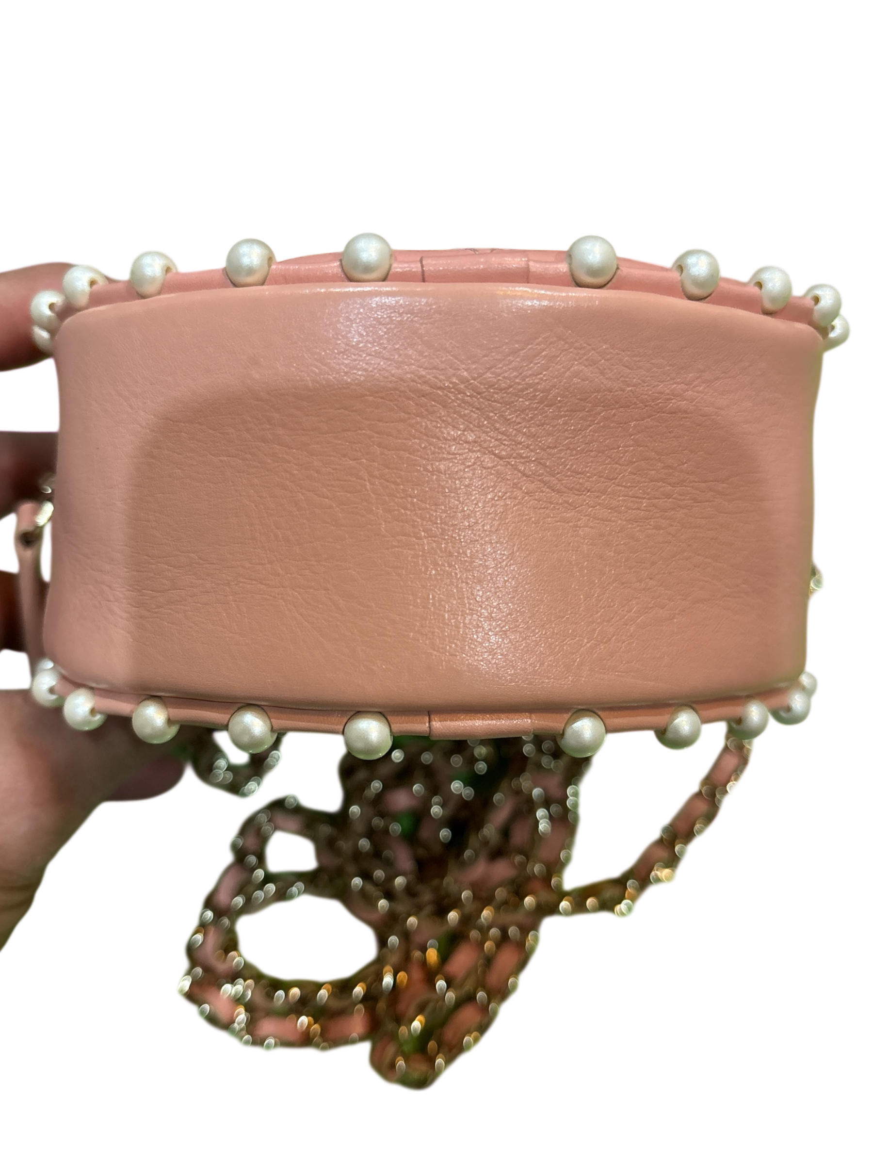 CHANEL Pink Calfskin round Chain Pearl Bag.