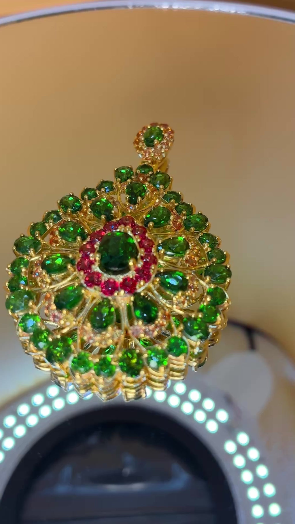 Green Garnet, Yellow Sapphire And Ruby With 12K Gold Pendant.