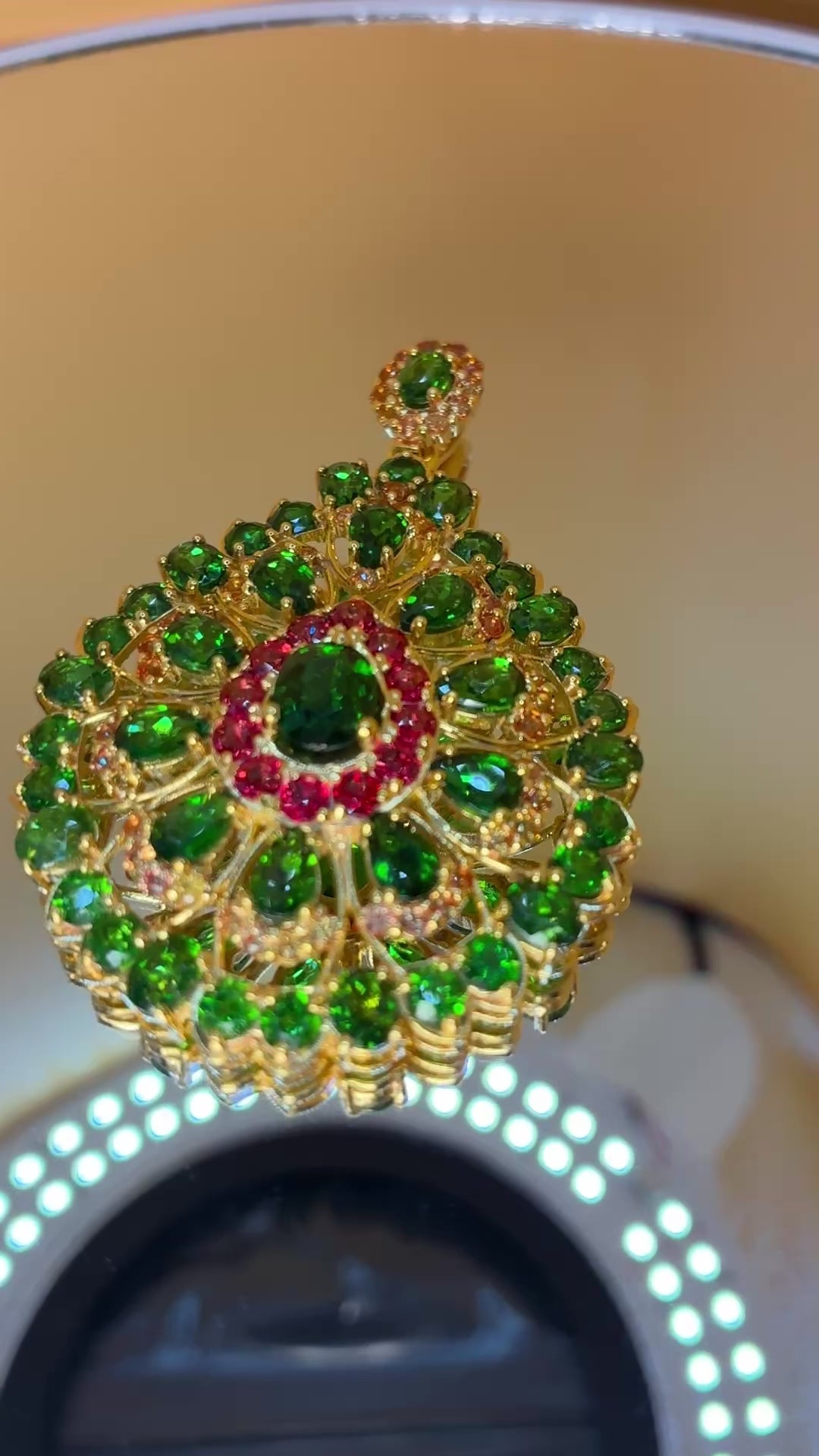 Green Garnet, Yellow Sapphire And Ruby With 12K Gold Pendant.