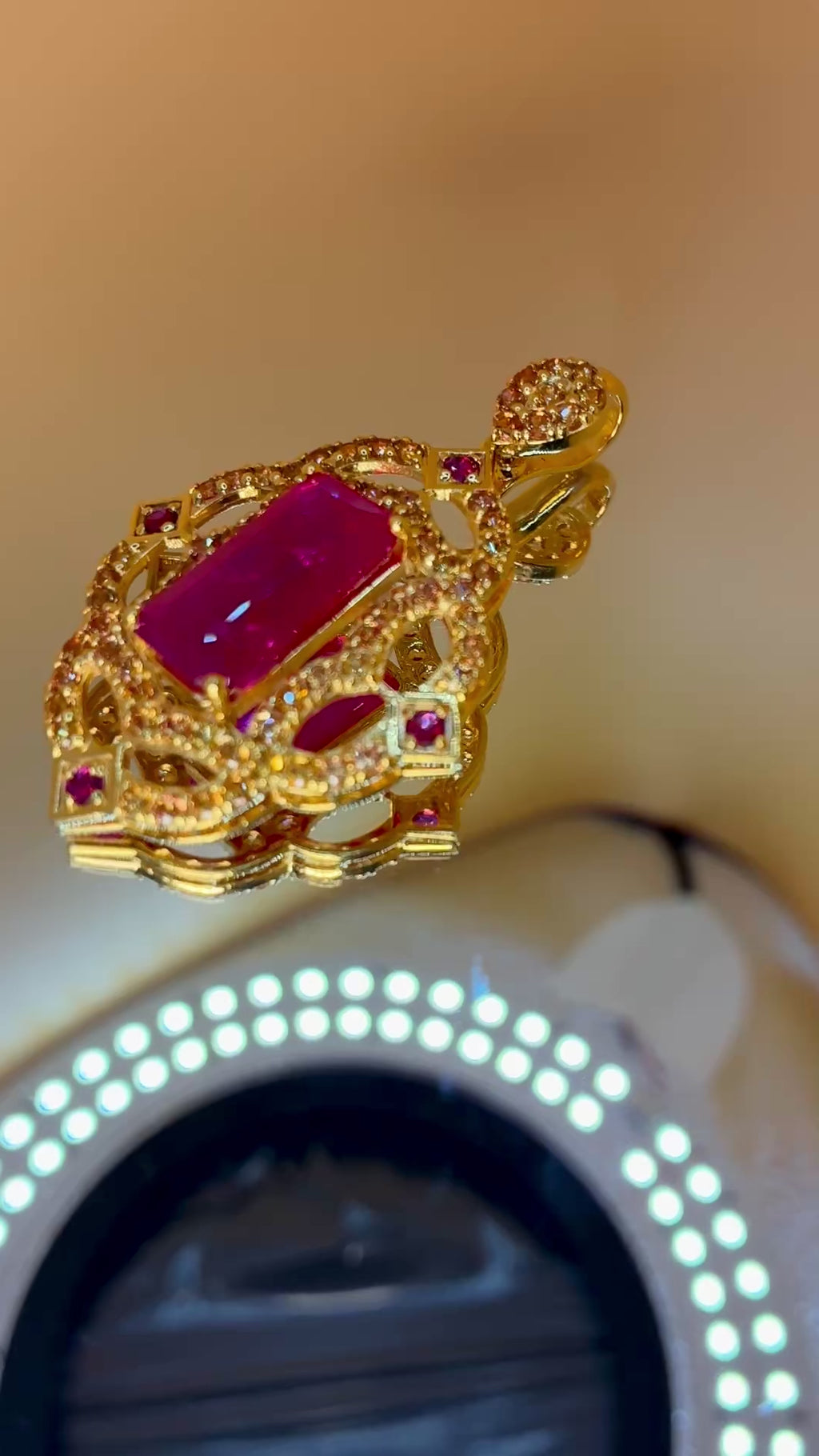 12.80 CT Africa Ruby, Cambodia Ruby And Yellow Sapphire 12K Gold Pendant.