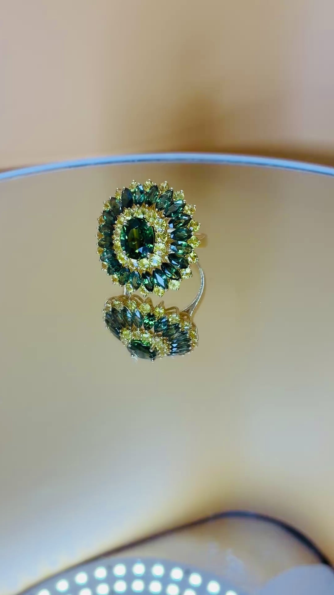Green Sapphire And Yellow Sapphire Center Stone 2.68 ct Green Sapphire 17K Gold Ring Size 7. Gams Weight 9.49 ct.